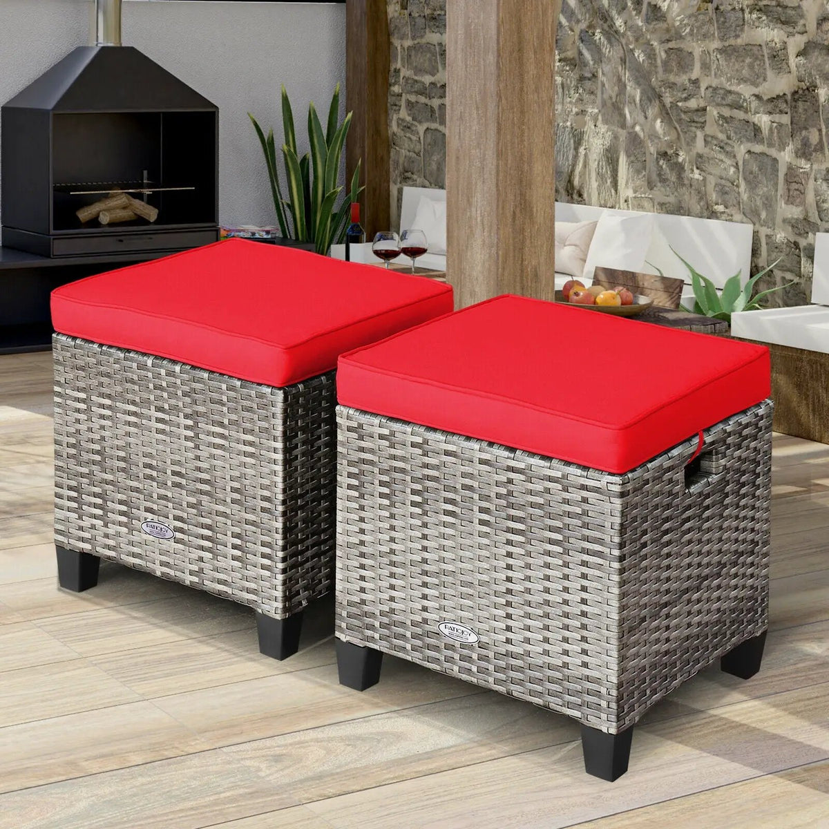 2 Pieces Patio Rattan Ottoman Seat with Removable Cushions-Navy by DirectDeals