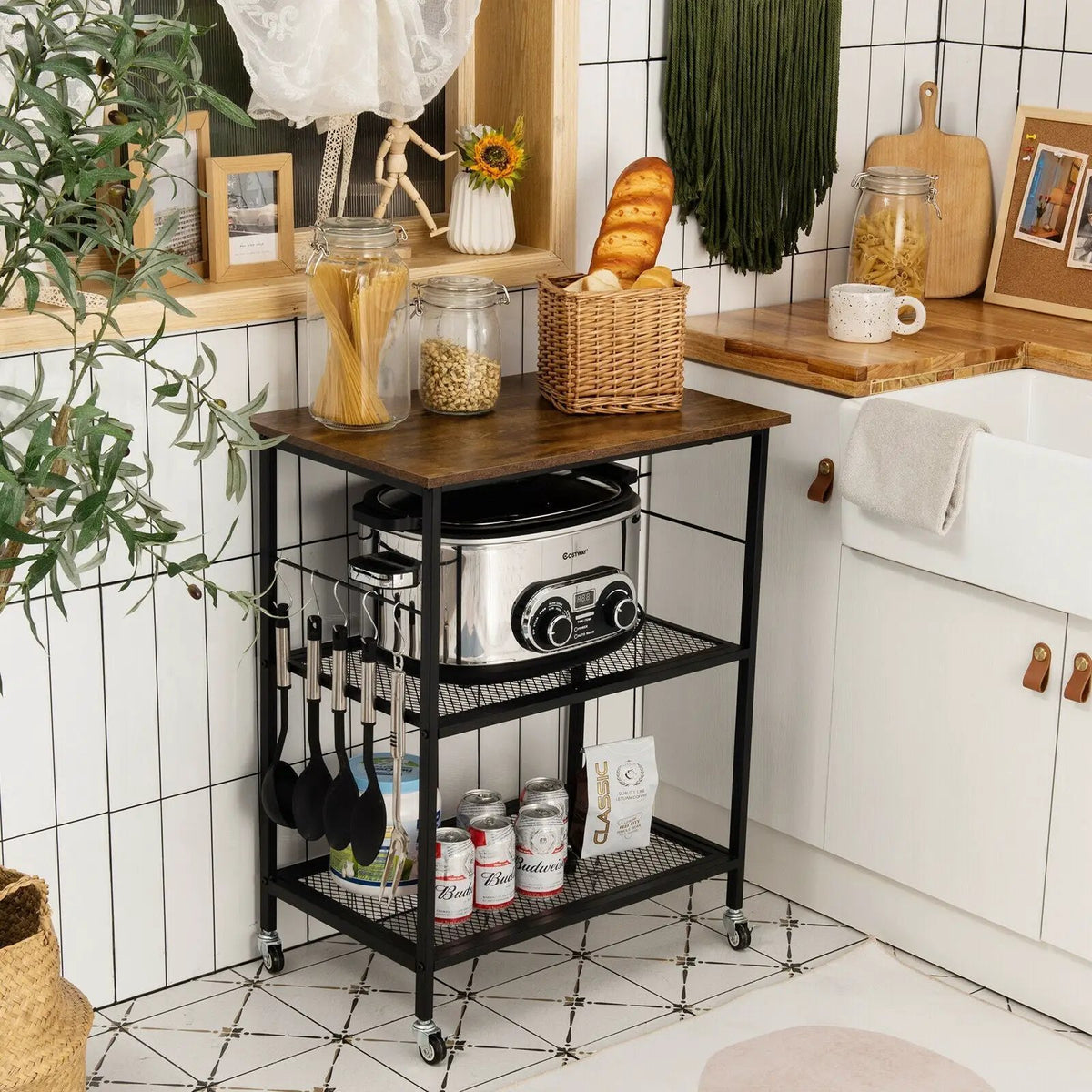 3-Tier Kitchen Serving Cart Utility Standing Microwave Rack with Hooks by DirectDeals