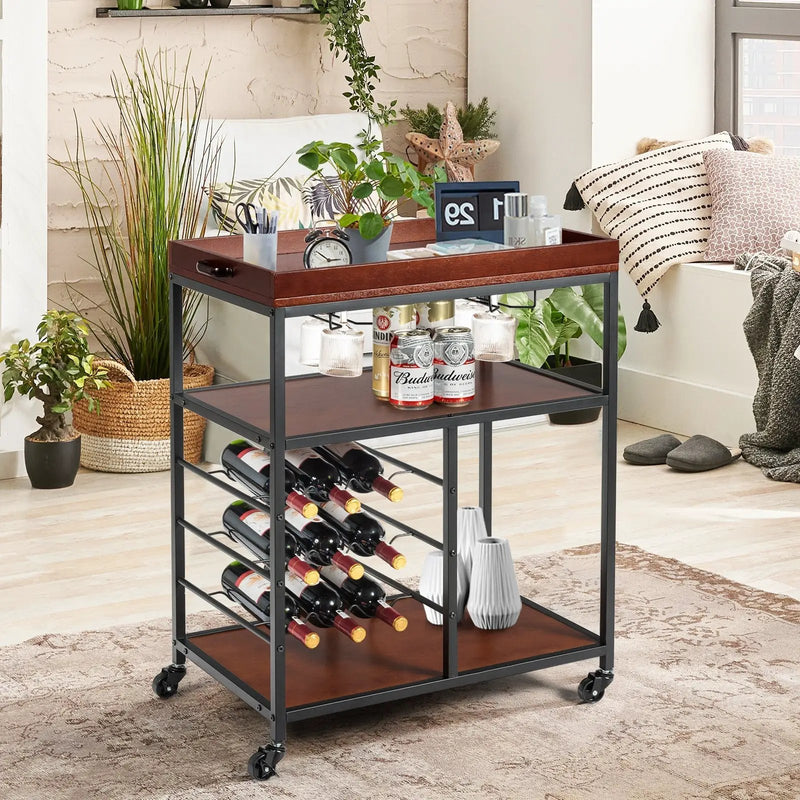 3 Tiers Storage Bar Serving Cart with Wine Rack by DirectDeals