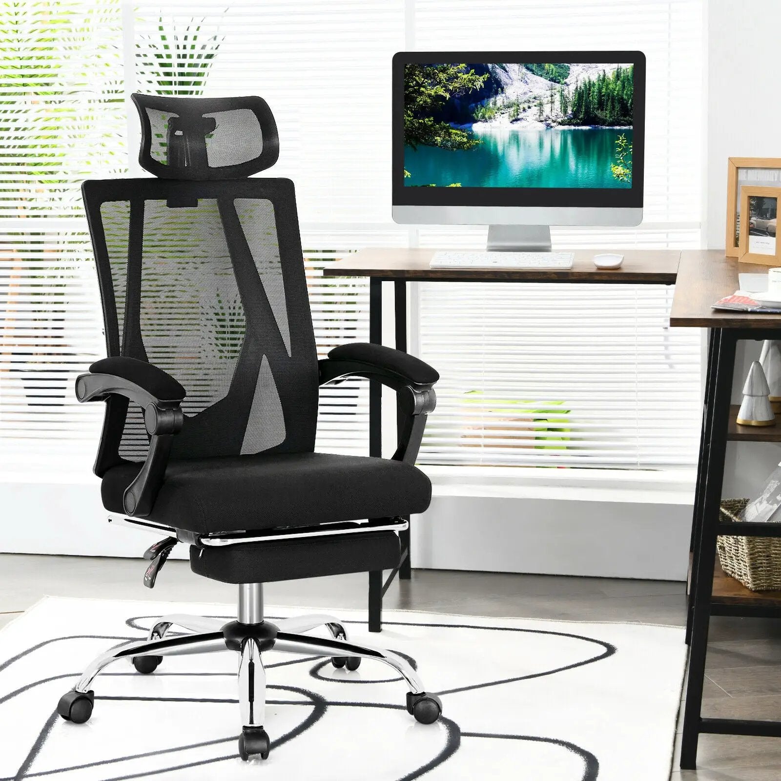 Ergonomic Recliner Mesh Office Chair with Adjustable Footrest-Black by DirectDeals