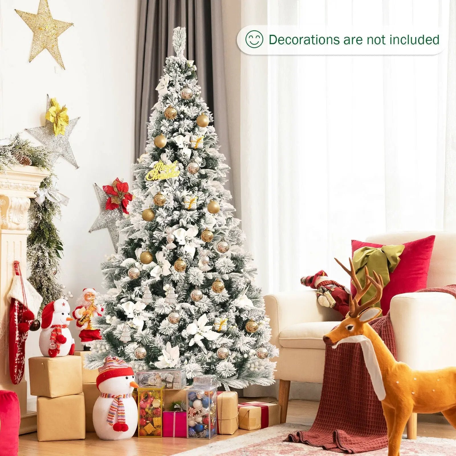 6 Feet Snow Flocked Hinged Christmas Tree with Berries and Poinsettia Flowers by DirectDeals