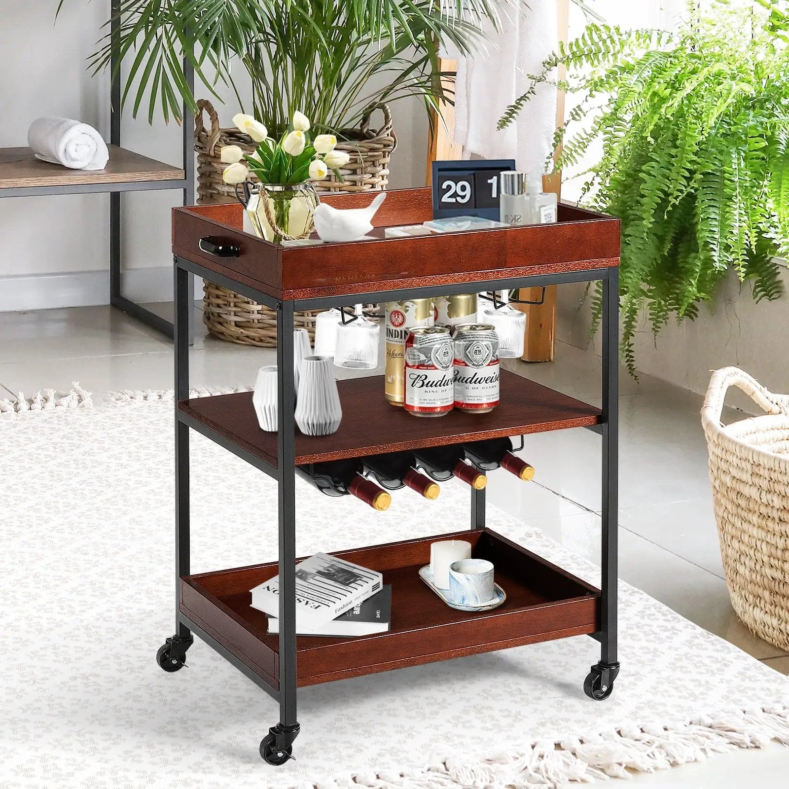 3 Tiers Kitchen Island Serving Bar Cart with Glasses Holder and Wine Bottle Rack by DirectDeals