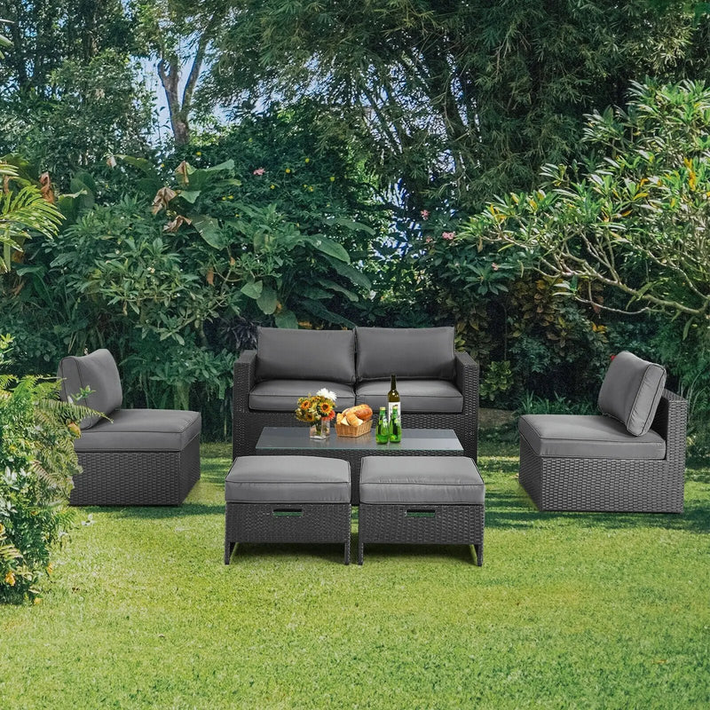 6 Pieces Patio Rattan Furniture Set with Glass Table and Cushioned Seat-Gray by DirectDeals