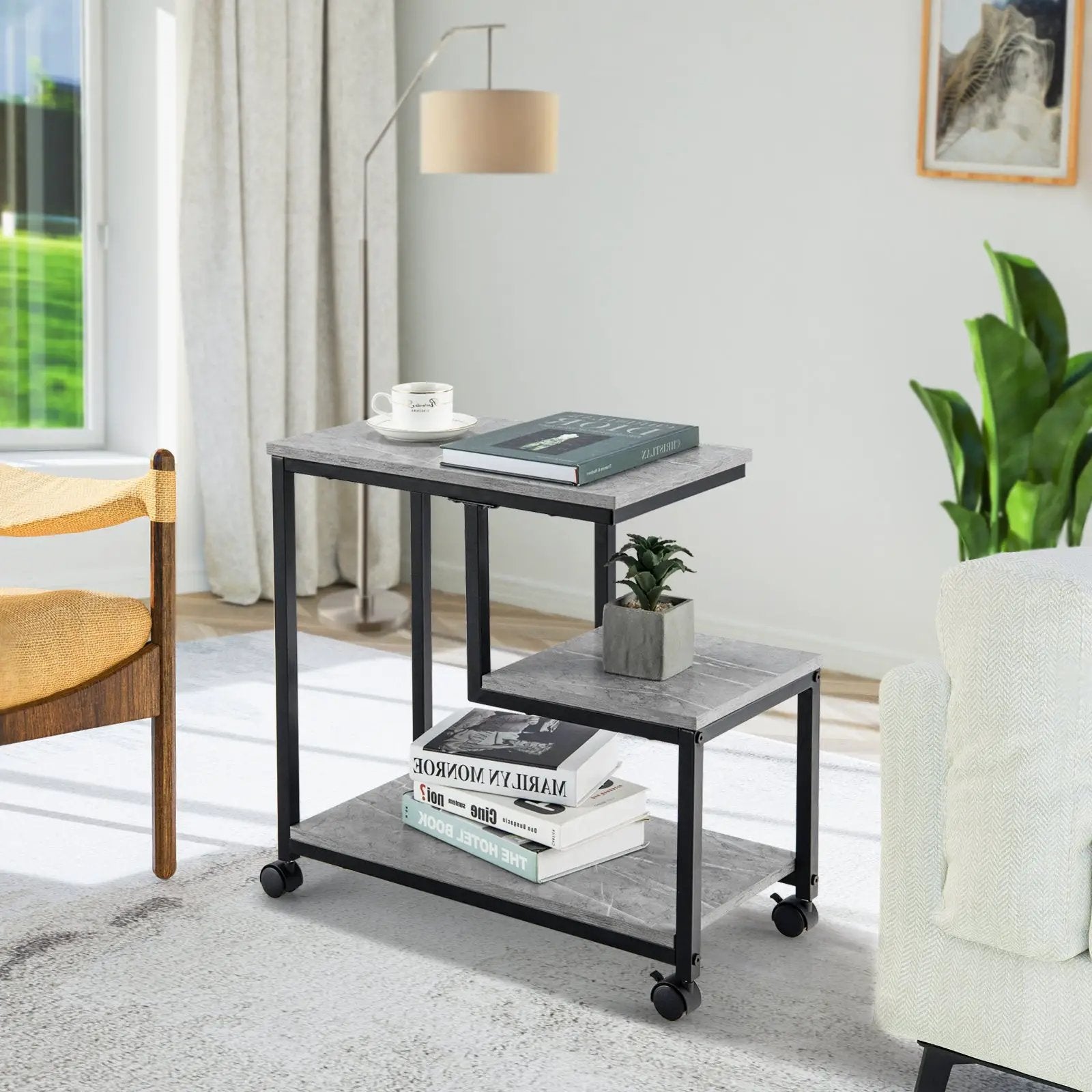 3-Tier Side Table with Storage and Universal Casters for Living Room and Bedroom-Black by DirectDeals