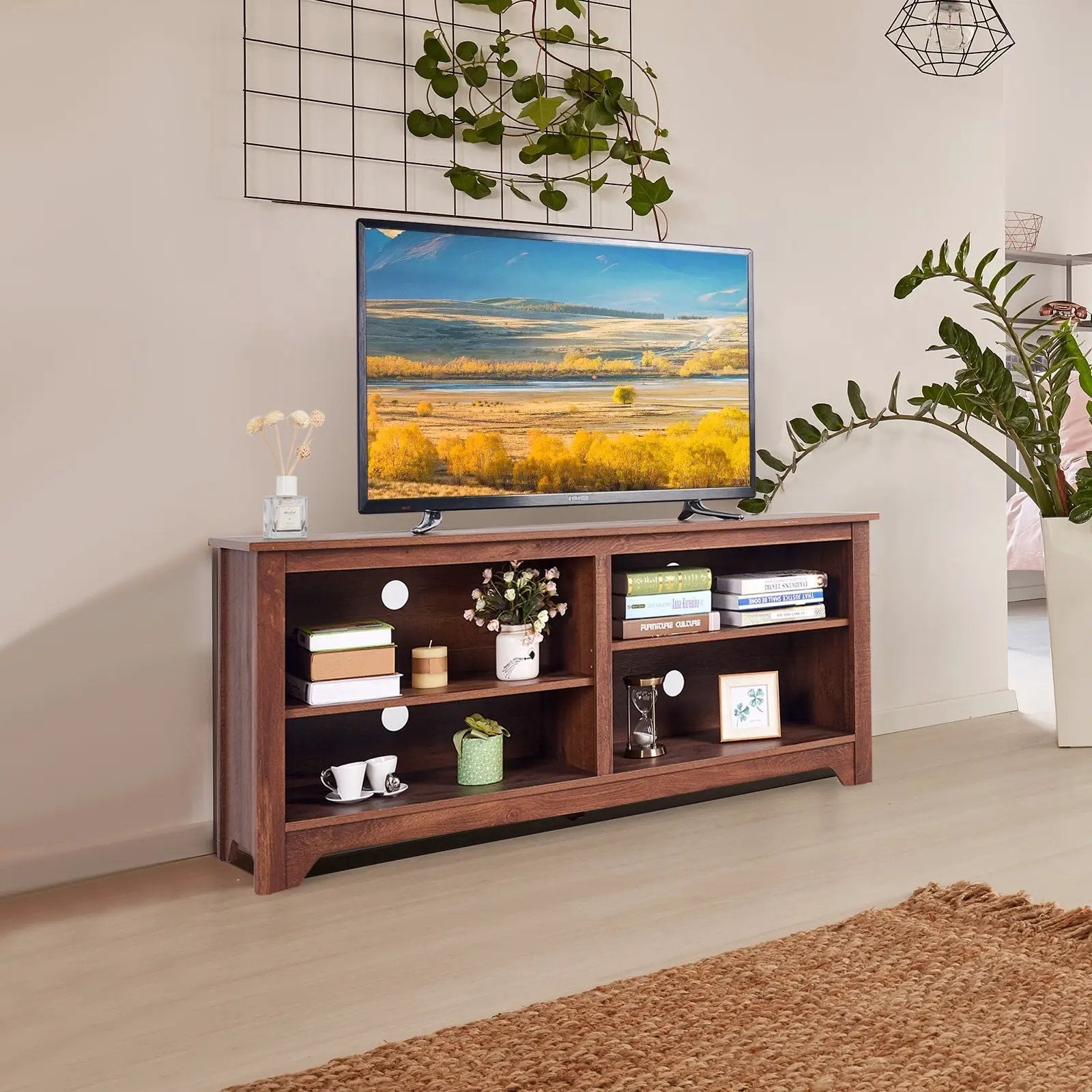 58 Inch Wood TV Stand for TVs up to 65 Inches with 4 Open Storage Shelves by DirectDeals