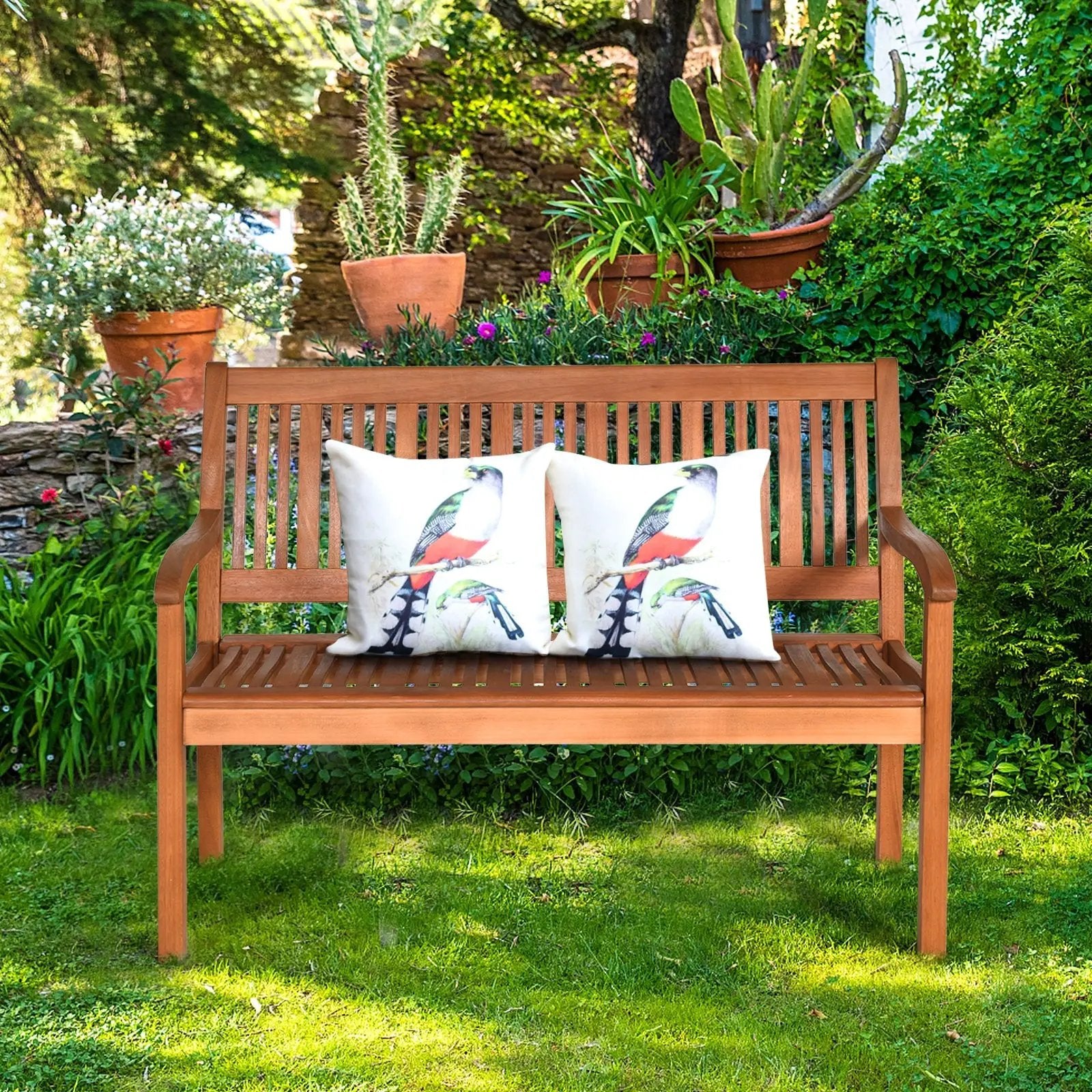 Two Person Solid Wood Garden Bench with Curved Backrest and Wide Armrest by DirectDeals