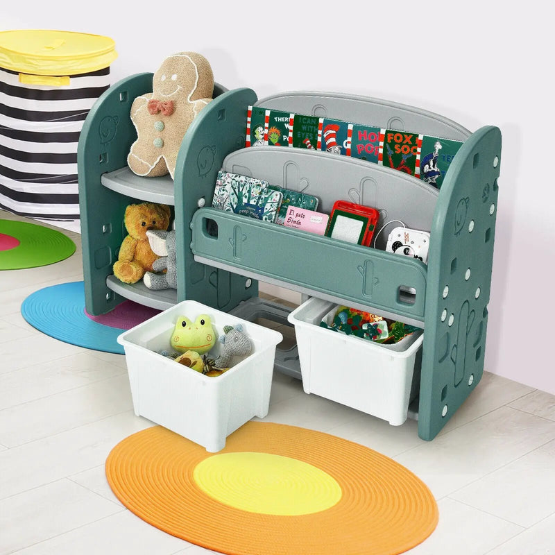 Kids Toy Storage Organizer with 2-Tier Bookshelf and Plastic Bins by DirectDeals