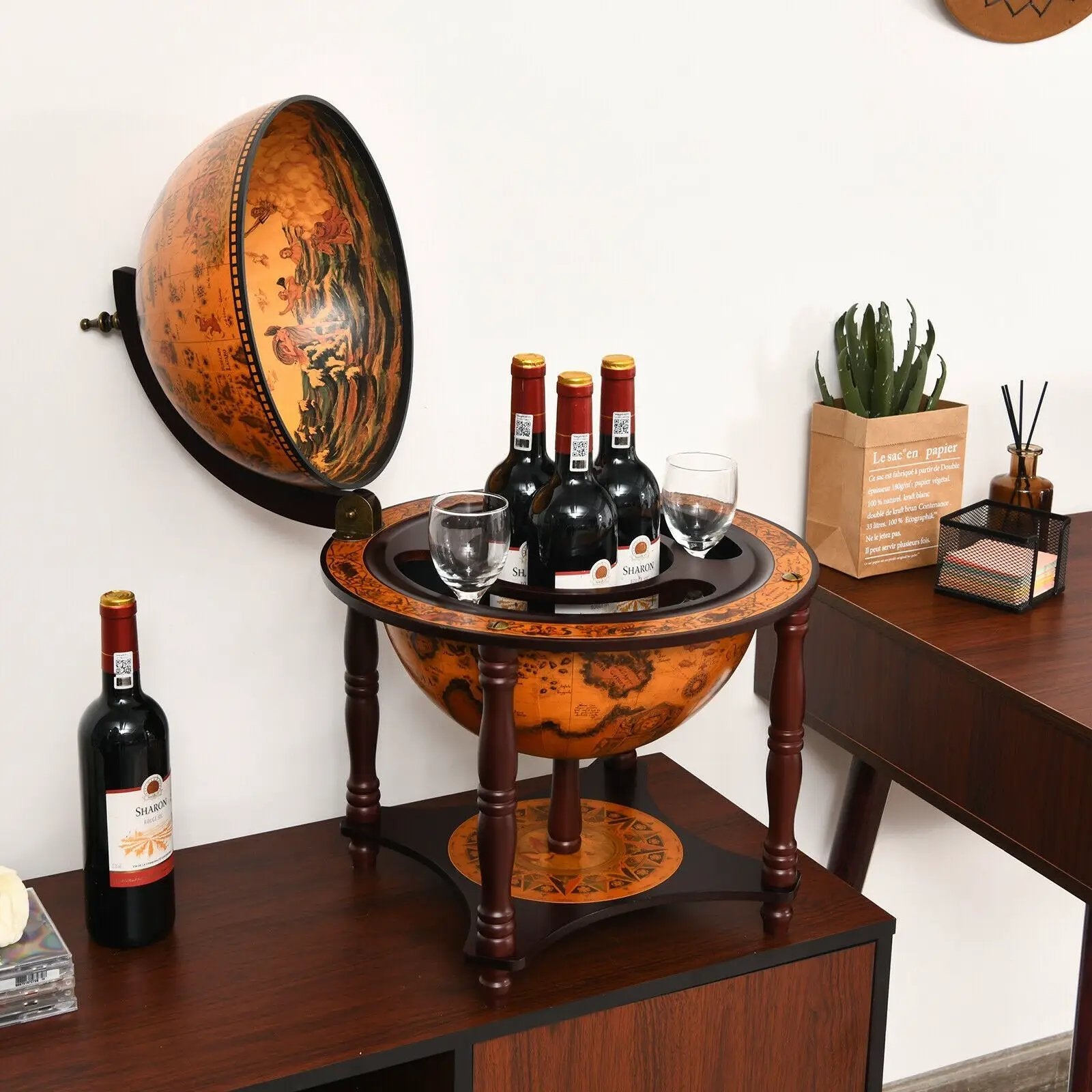 23 Inch Globe Wine Bar Stand for Dining Room and Living Room-Coffee by DirectDeals