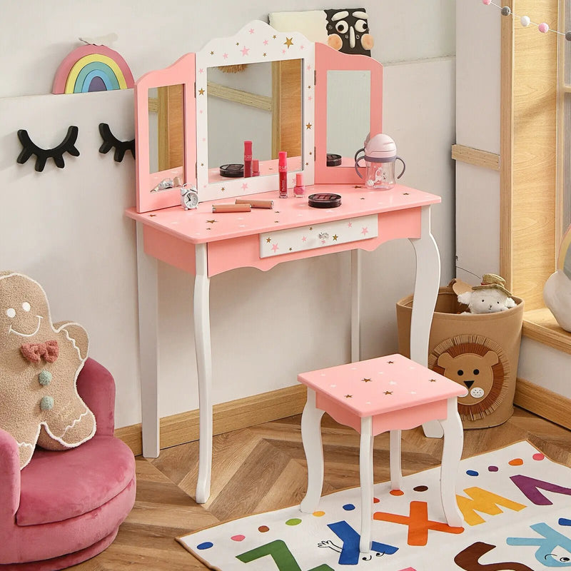 Kids Princess Vanity Table and Stool Set with Tri-folding Mirror and Drawer by DirectDeals