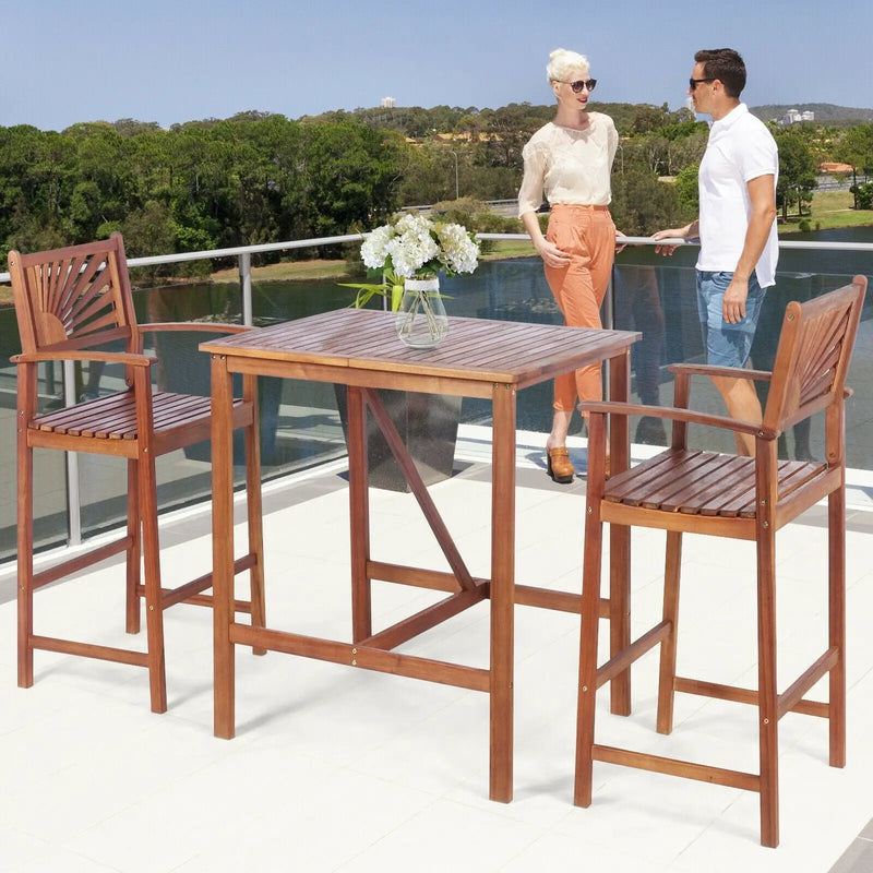 3 Pieces Acacia Wood Patio Bar Set with Sunflower Patterned Backrest by DirectDeals