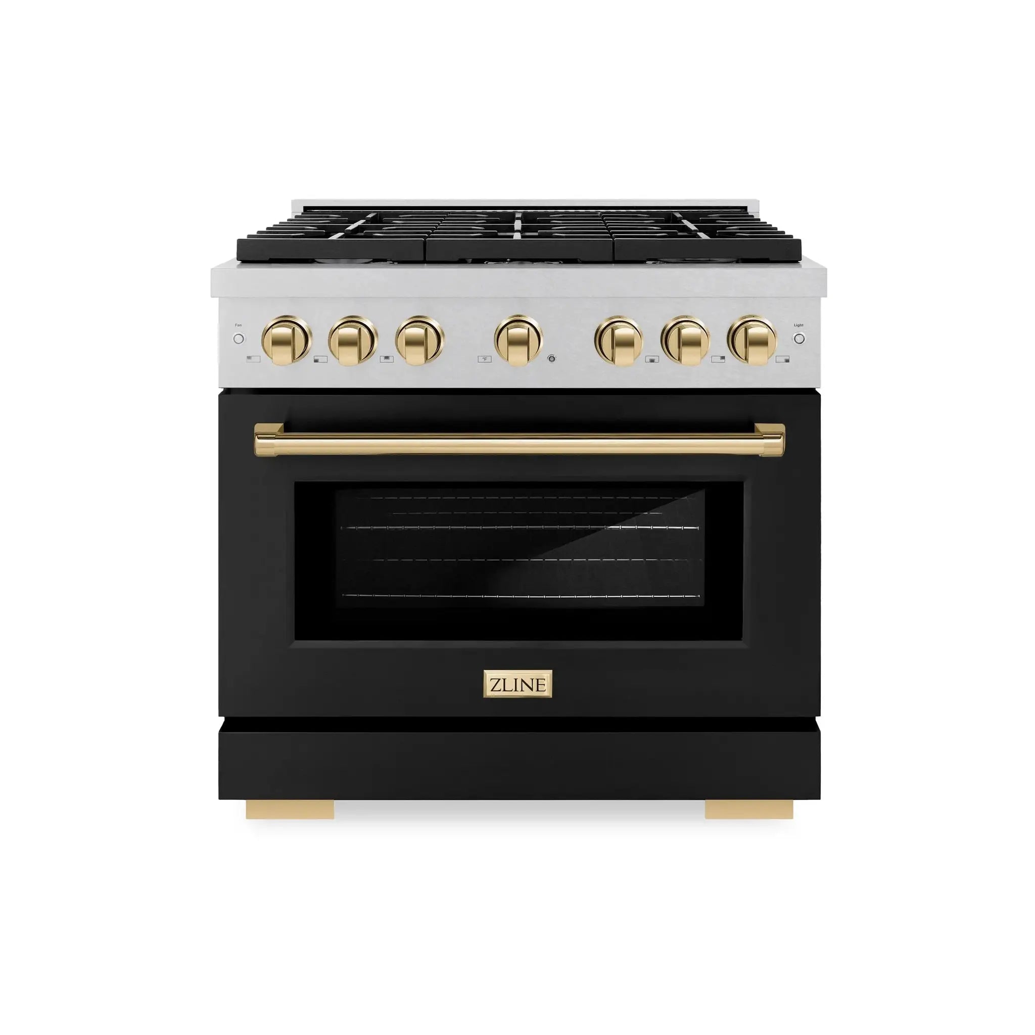 ZLINE 36"Paramount Dual Fuel Range DuraSnow® Black Matte, Gold SDRSZ-BLM-36-G by Farmhouse Kitchen and Bath