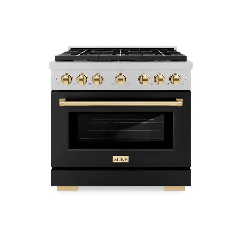 ZLINE 36"Paramount Dual Fuel Range DuraSnow® Black Matte, Gold SDRSZ-BLM-36-G by Farmhouse Kitchen and Bath