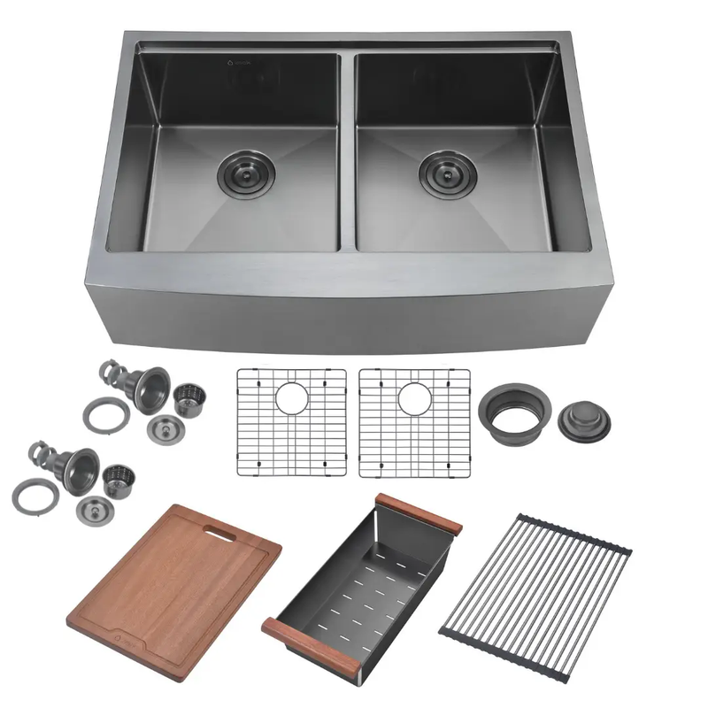 Zeek 33" Farmhouse Workstation Double Bowl Gunmetal Matte Black Kitchen Sink With Accessories PVD Nano Tech Coating ENZO ZA-B552 by ZEEK