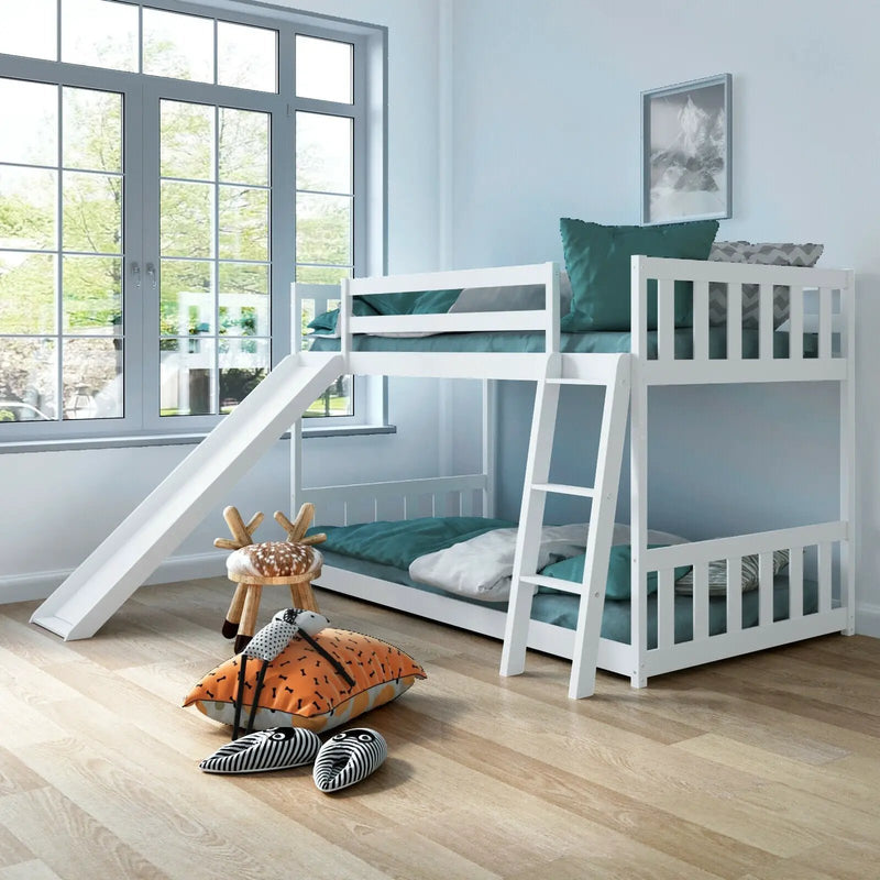 Twin over Twin Bunk Wooden Low Bed with Slide Ladder for Kids by DirectDeals