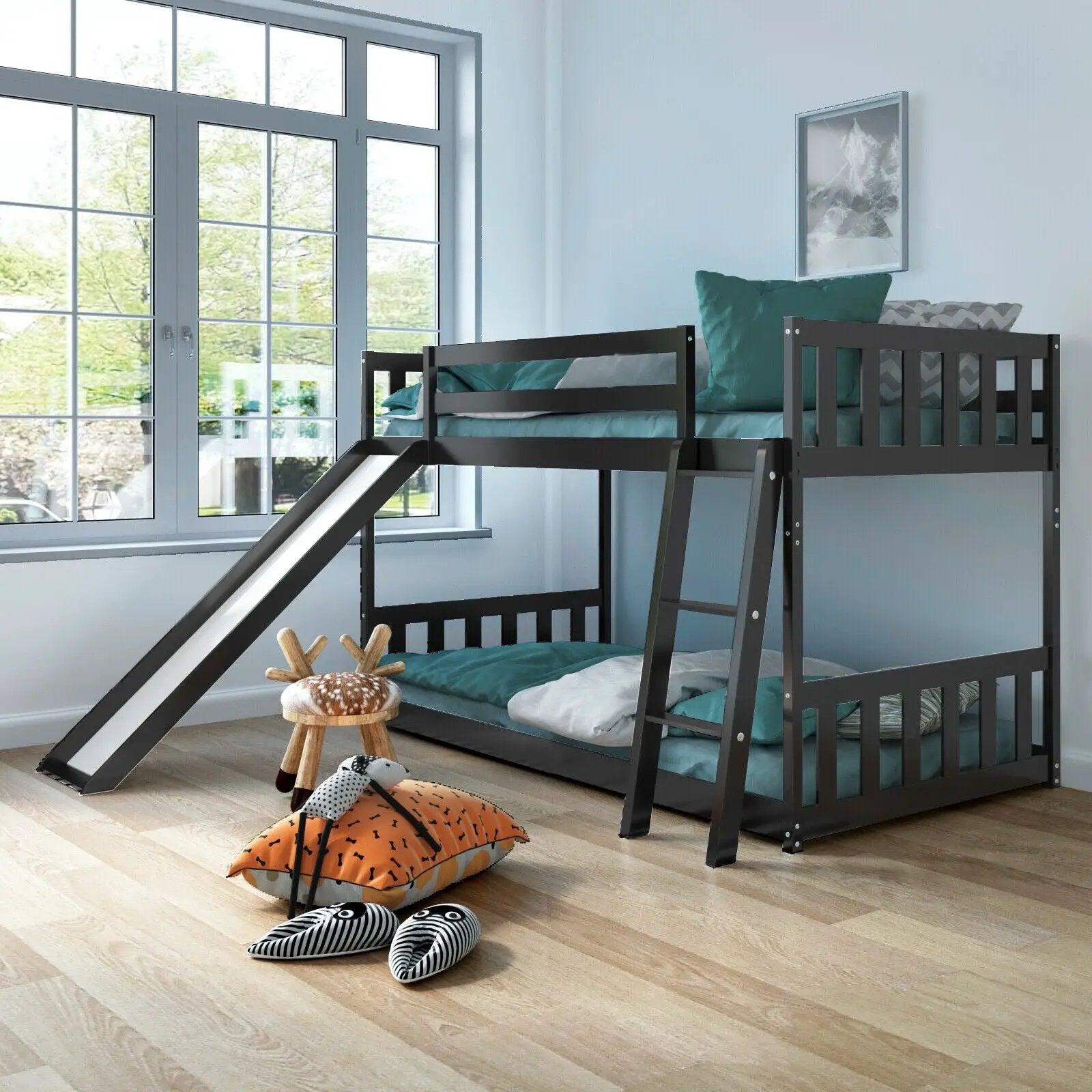 Twin over Twin Bunk Wooden Low Bed with Slide Ladder for Kids by DirectDeals