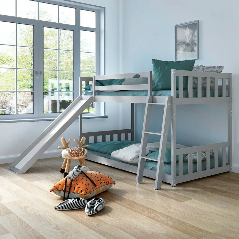 Twin over Twin Bunk Wooden Low Bed with Slide Ladder for Kids by DirectDeals
