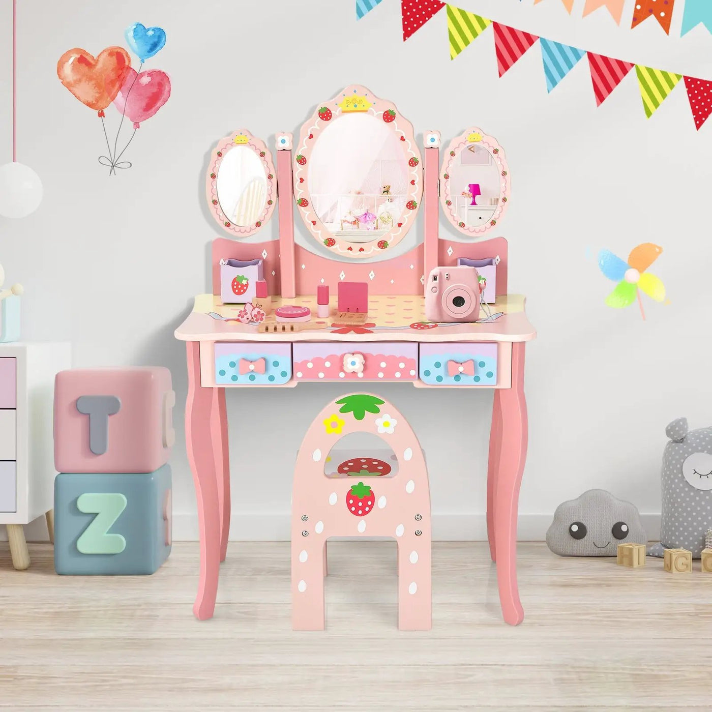 Kids Vanity Princess Makeup Dressing Table Chair Set with Tri-fold Mirror by DirectDeals