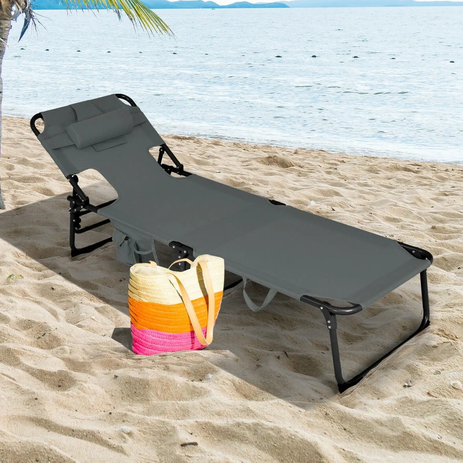 Folding Beach Lounge Chair with Pillow for Outdoor-Gray by DirectDeals