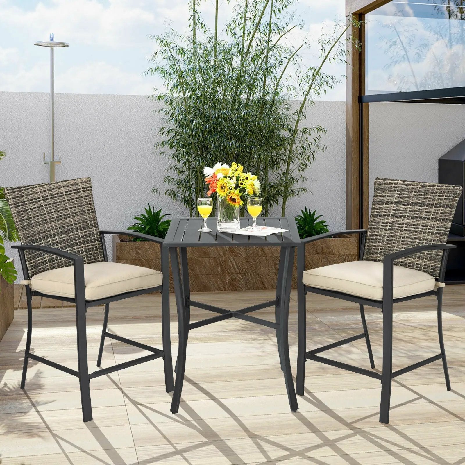 3 Pieces Rattan Bar Furniture Set with Slat Table and 2 Cushioned Stools by DirectDeals