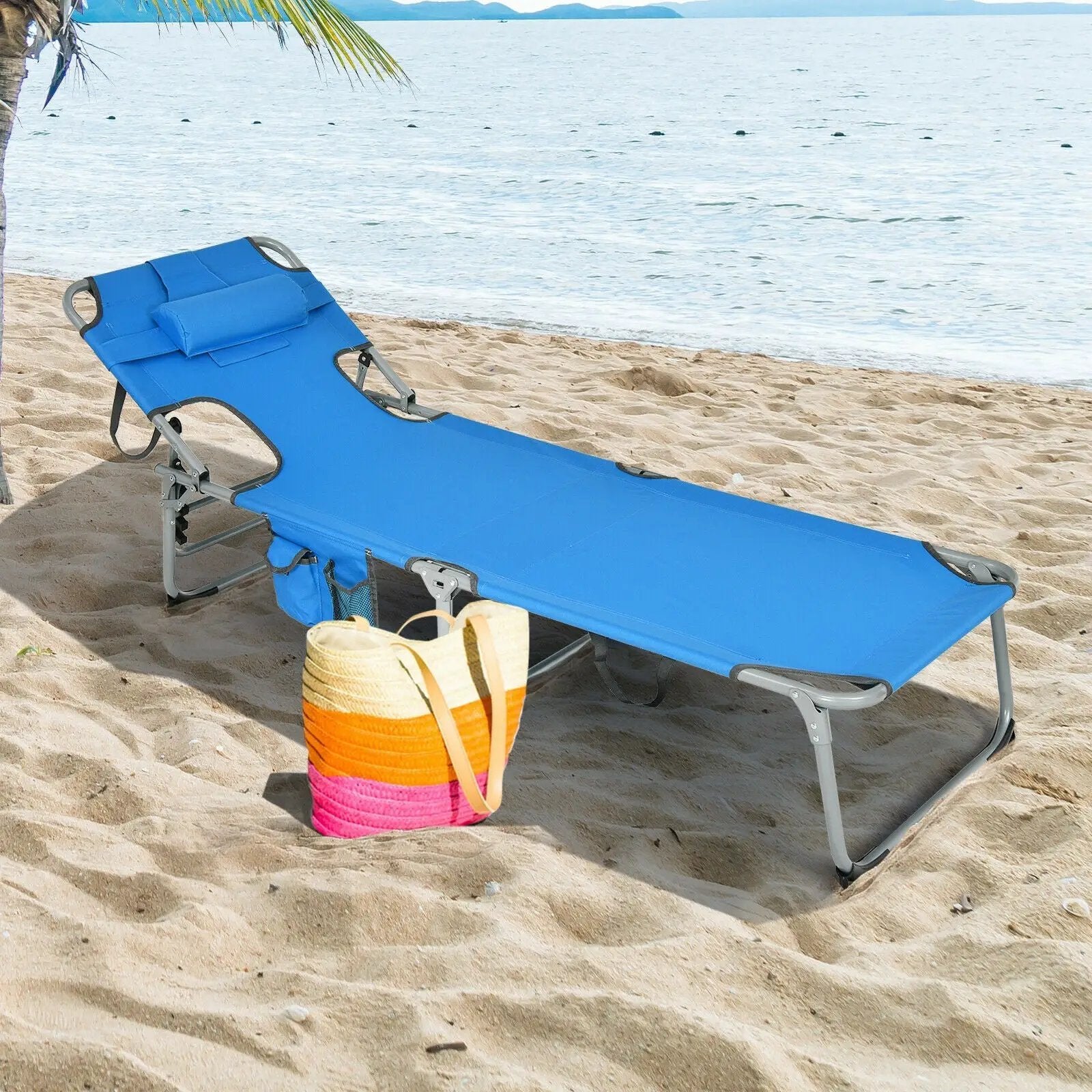 Folding Beach Lounge Chair with Pillow for Outdoor-Blue by DirectDeals