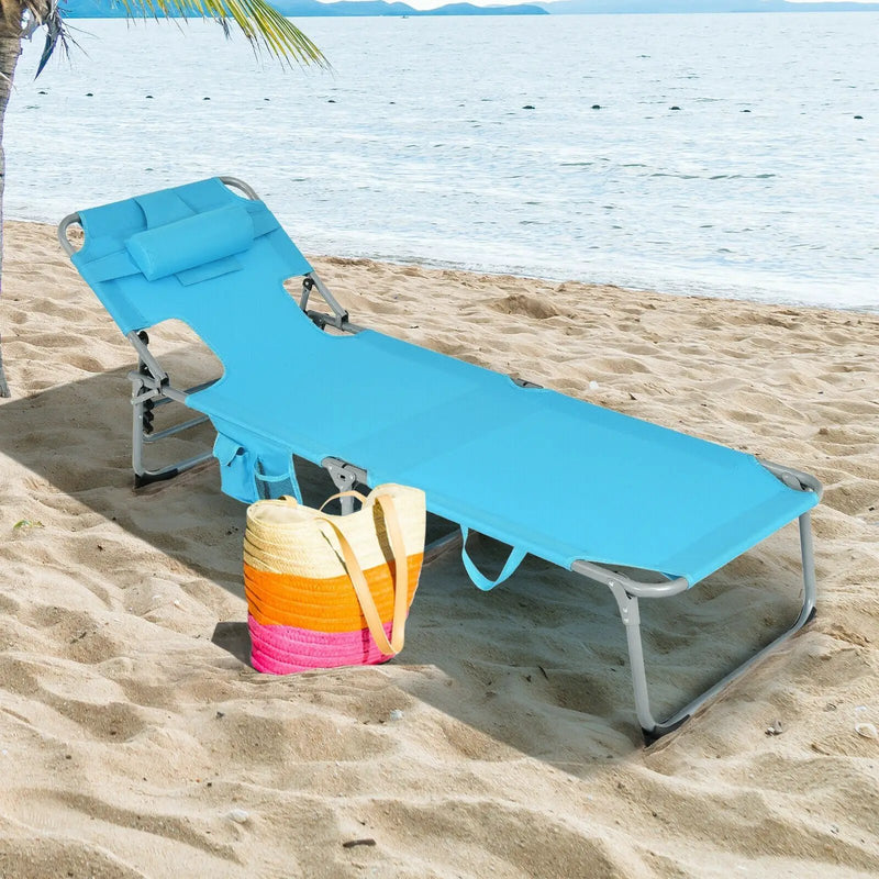 Folding Beach Lounge Chair with Pillow for Outdoor-Turquoise by DirectDeals