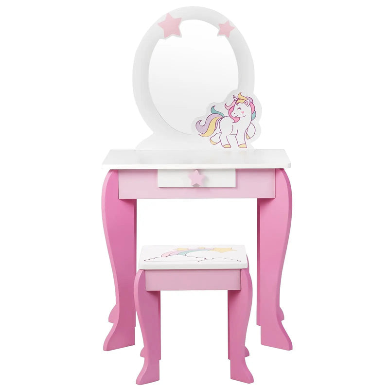 Kids Wooden Makeup Dressing Table and Chair Set with Mirror and Drawer by DirectDeals