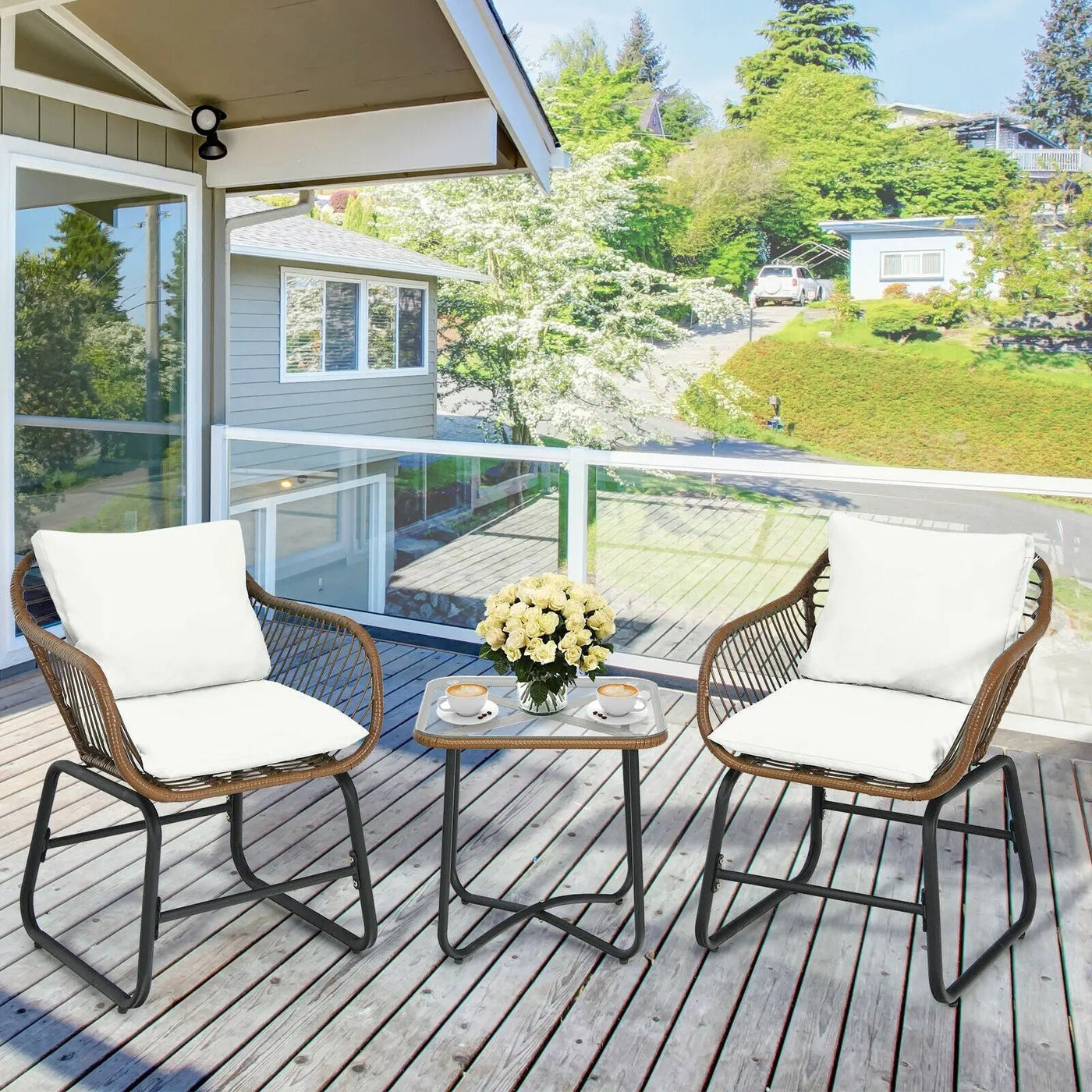 3 Pieces Patio Rattan Bistro Set Cushioned Chair Glass Table Deck by DirectDeals