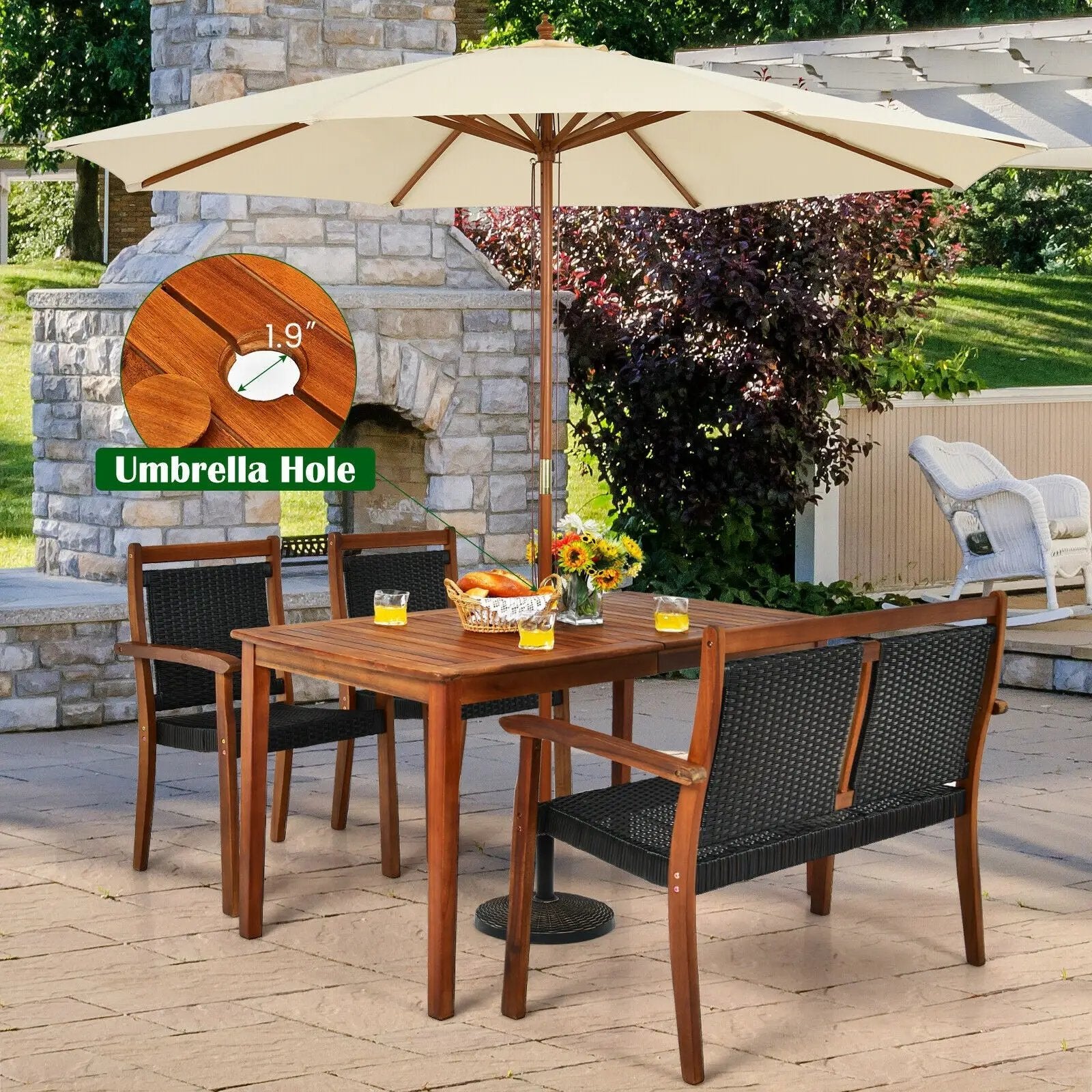 4 Pieces Acacia Wood Patio Rattan Dining Furniture Set by DirectDeals