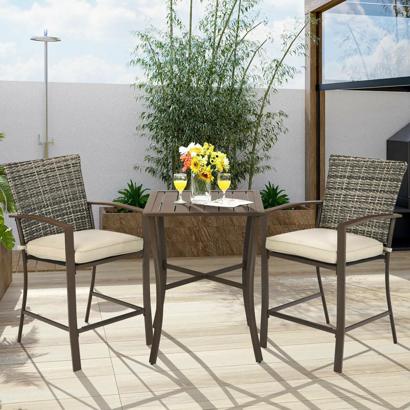 3 Pieces Rattan Bar Furniture Set with Slat Table and 2 Cushioned Stools by DirectDeals
