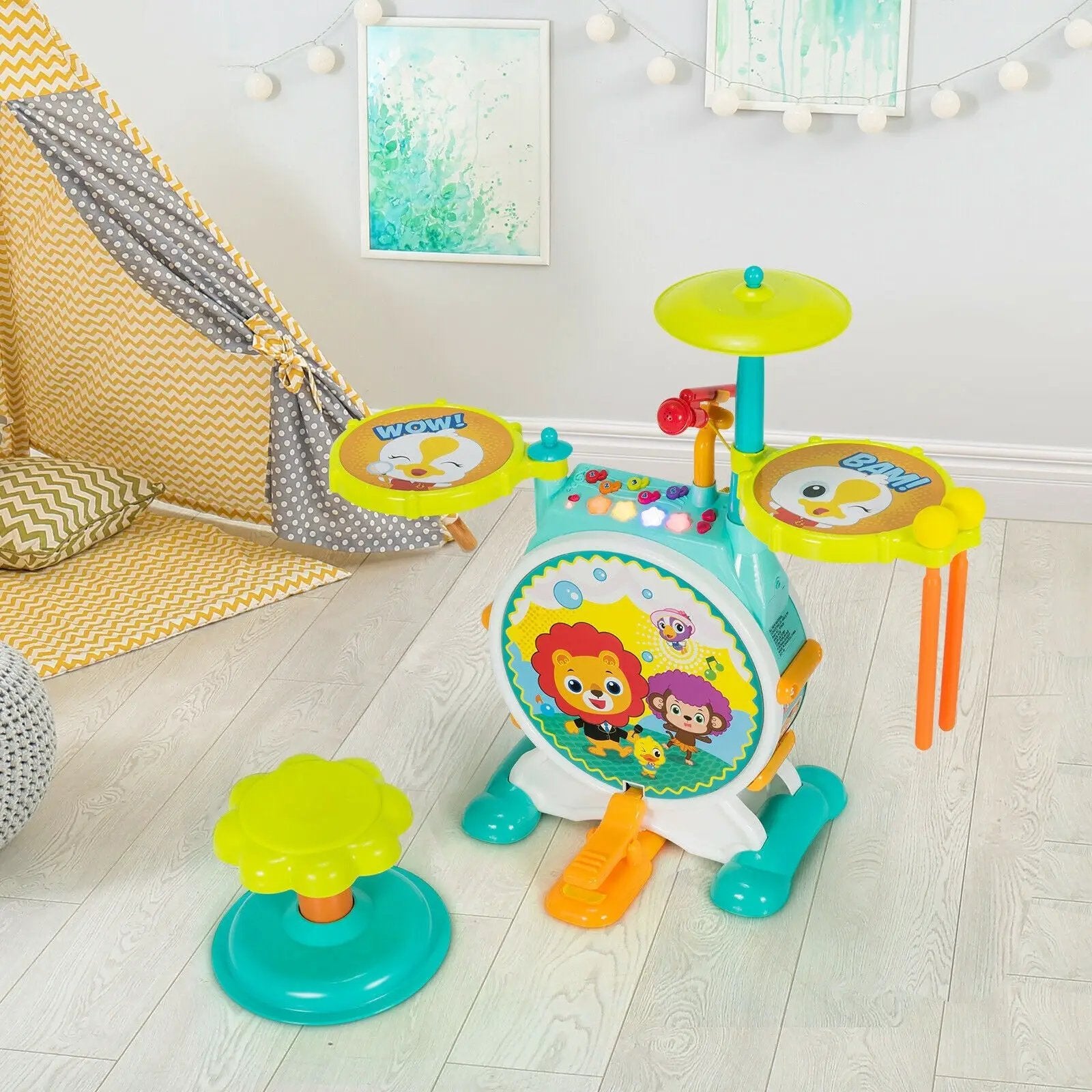 3 Pieces Electric Kids Drum Set with Microphone Stool Pedal by DirectDeals