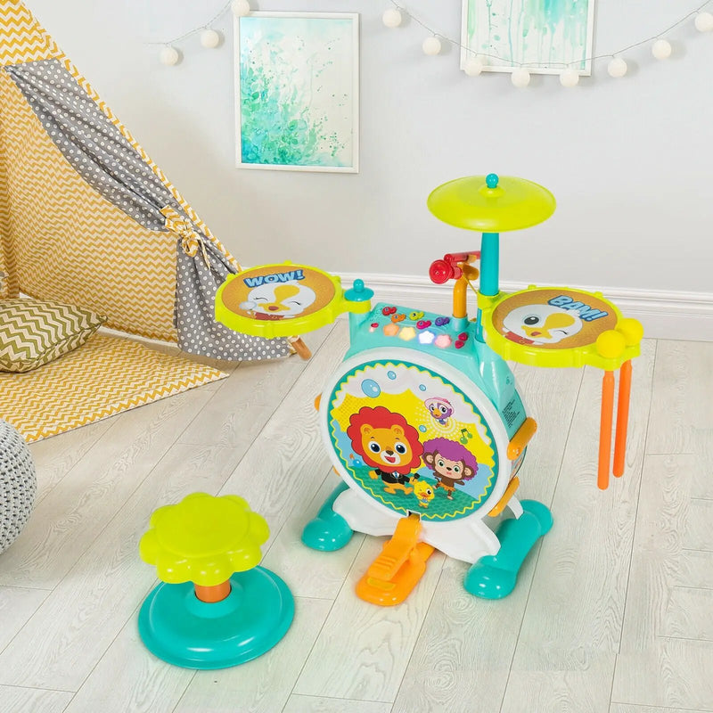 3 Pieces Electric Kids Drum Set with Microphone Stool Pedal by DirectDeals