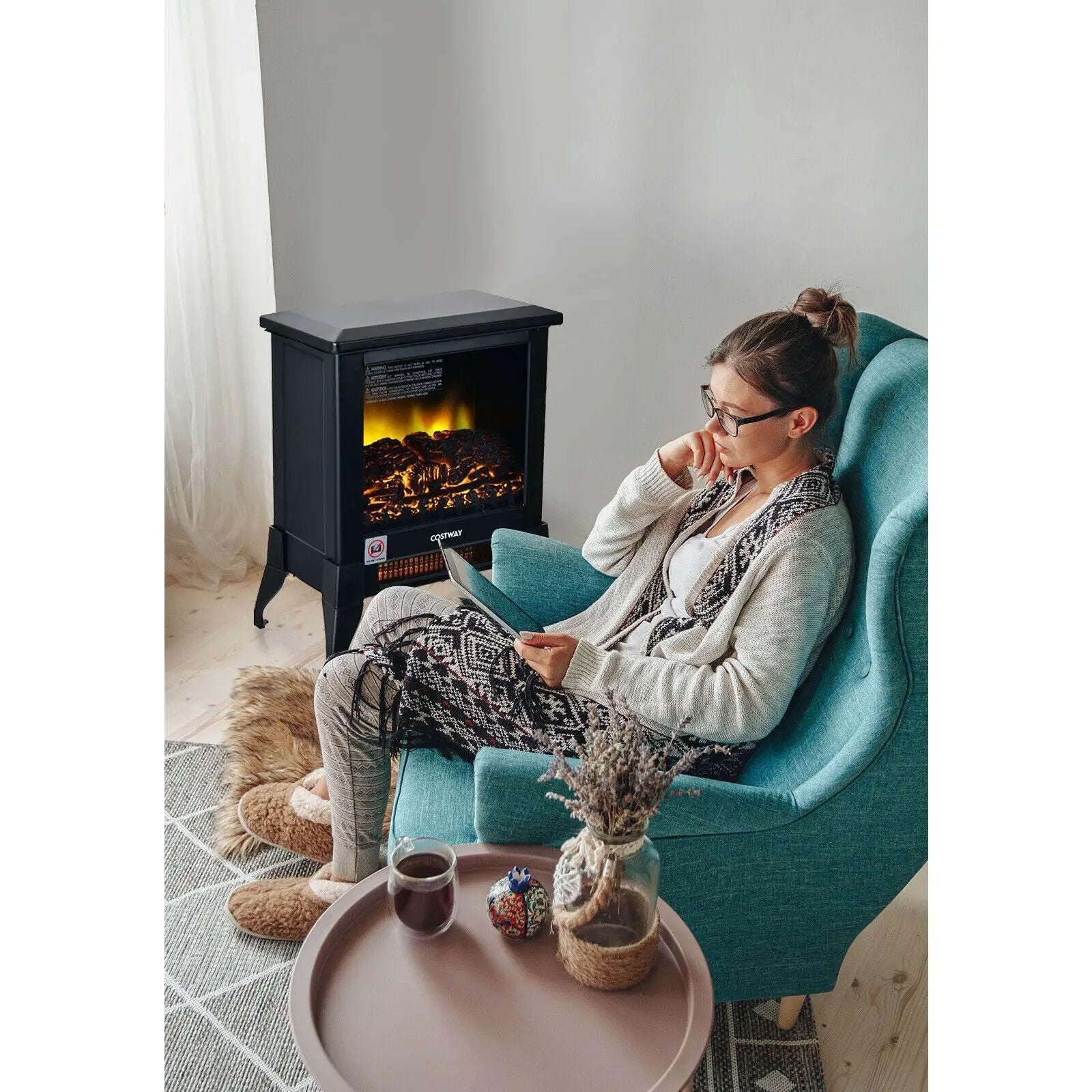 Compact Portable Space Heater with Realistic Flame Effect-Black by DirectDeals