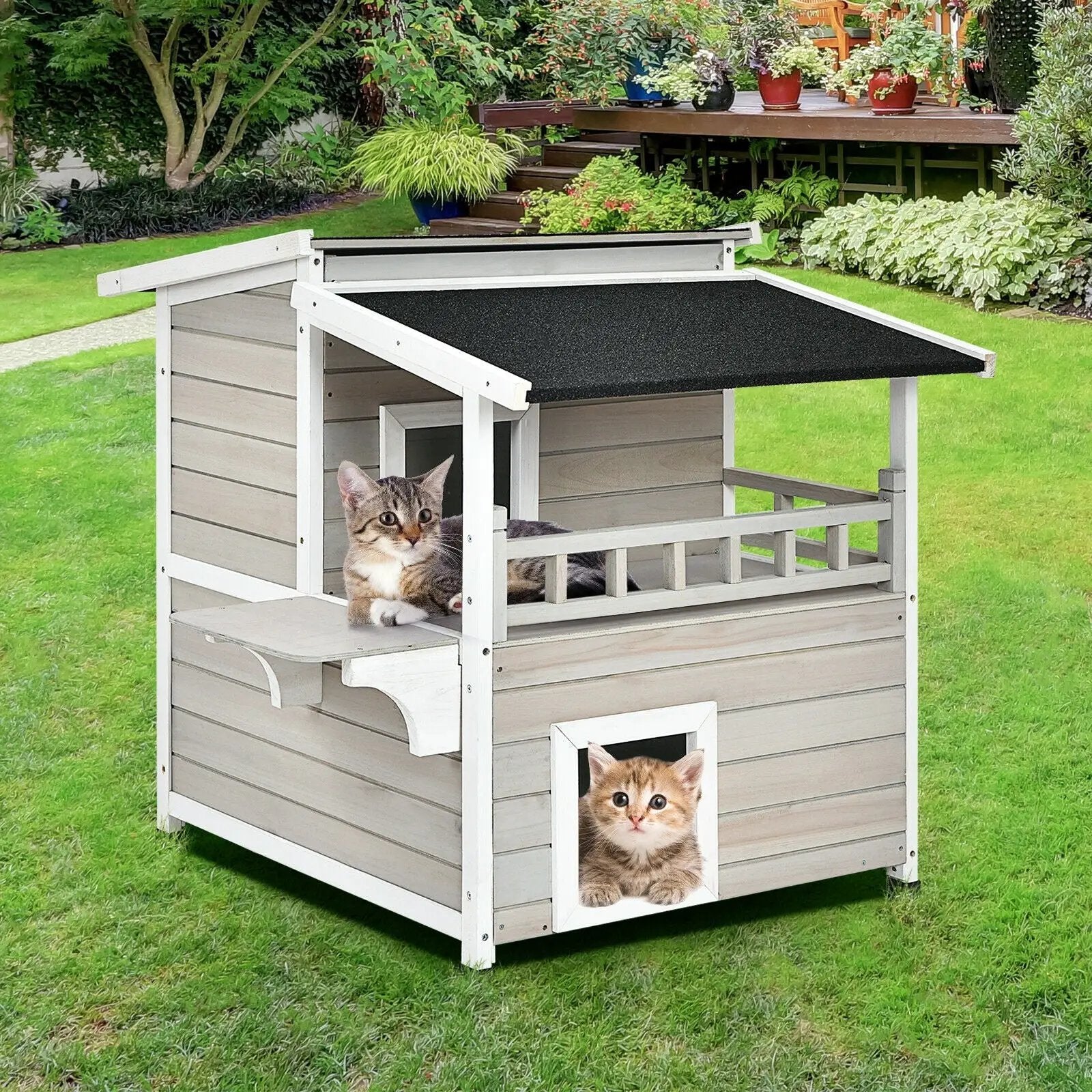 2-Story Wooden Patio Luxurious Cat Shelter House Condo with Large Balcony by DirectDeals