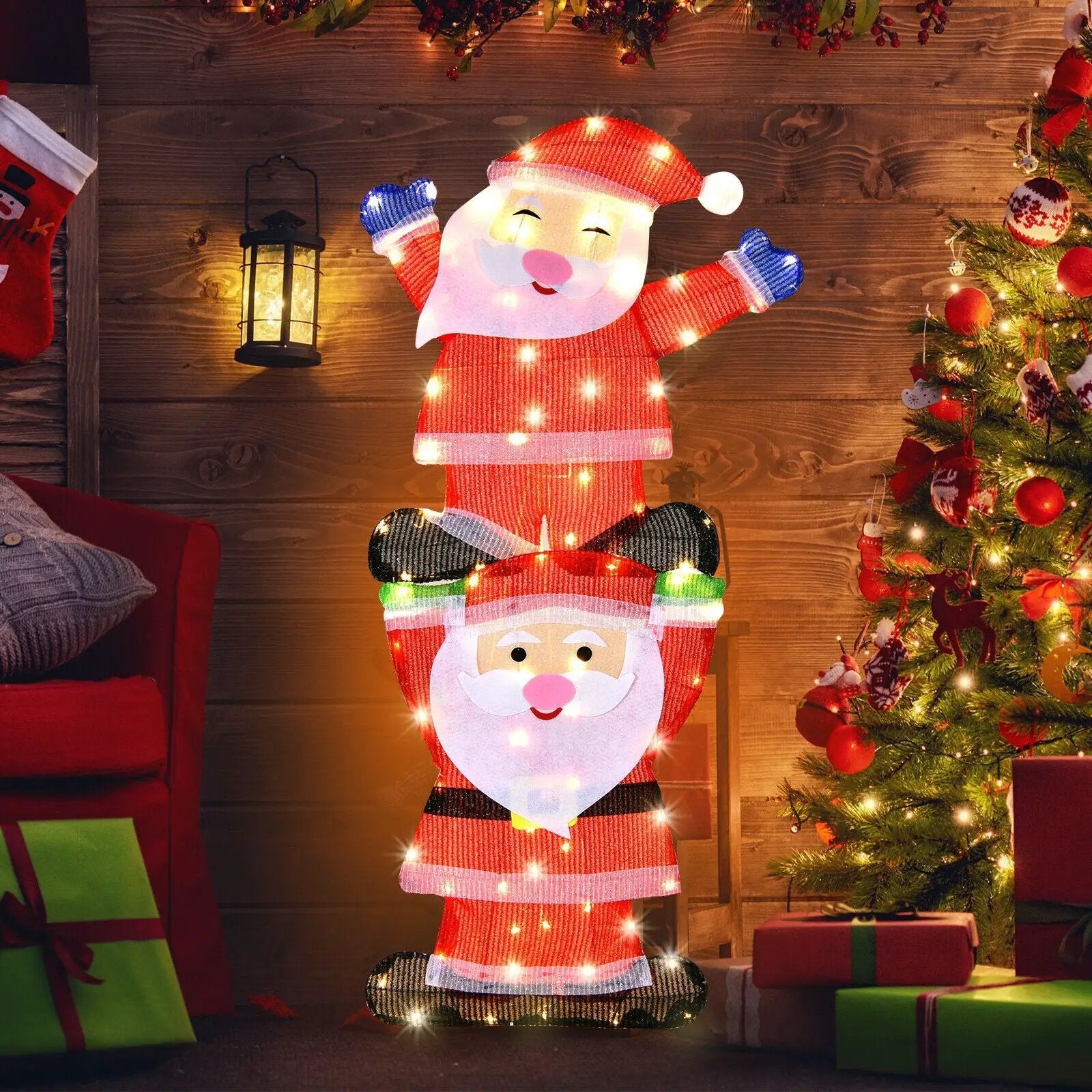 LED Double Santa Yard Christmas Decoration with String Lights and Stakes by DirectDeals