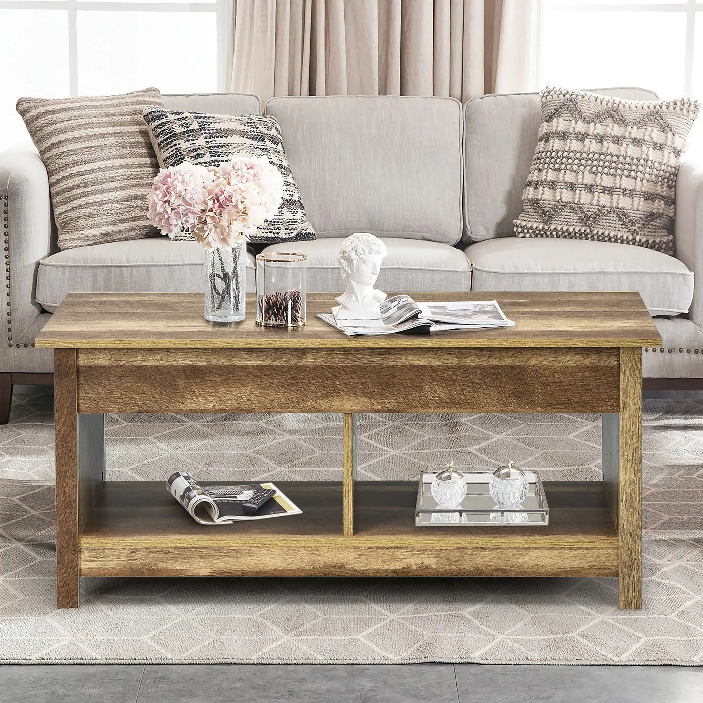 Lift Top Coffee Table with Hidden Storage Compartment and Lower Shelf for Study Room by DirectDeals