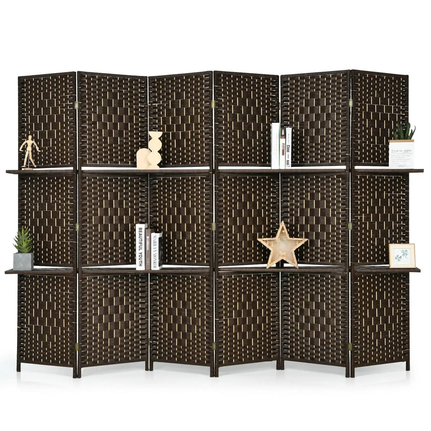 6 Panel Folding Weave Fiber Room Divider with 2 Display Shelves by DirectDeals