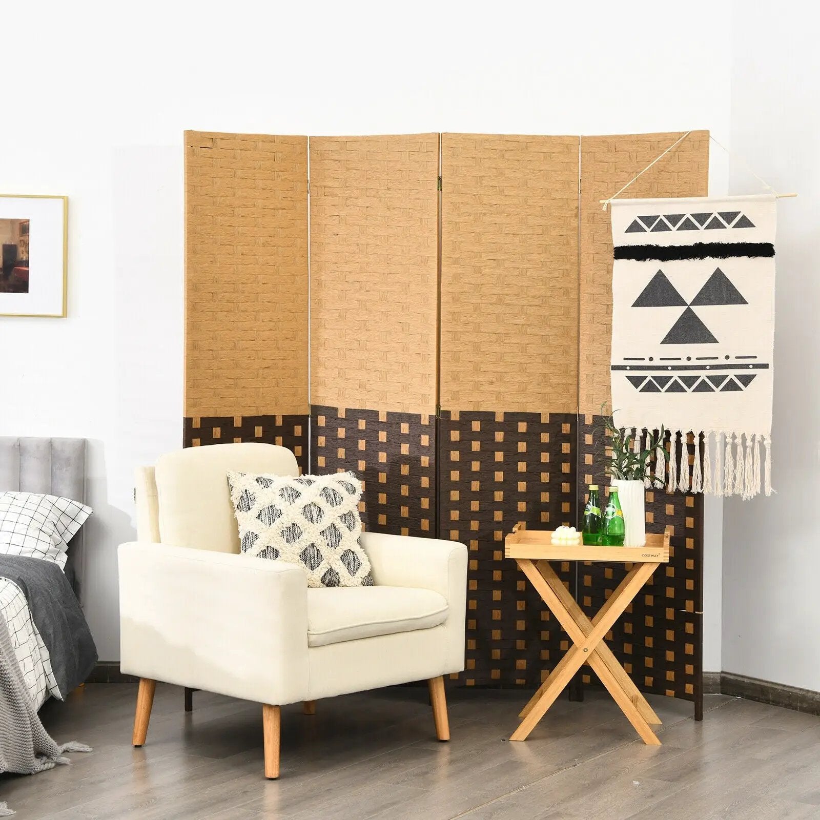 4 Panel Portable Folding Hand-Woven Wall Divider Suitable for Home Office-Brown by DirectDeals