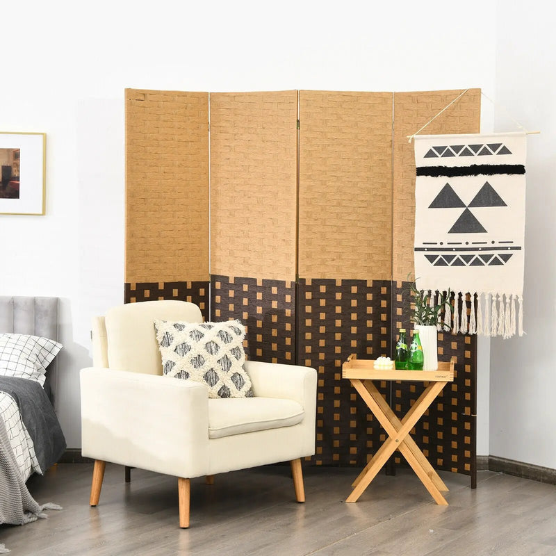 4 Panel Portable Folding Hand-Woven Wall Divider Suitable for Home Office-Brown by DirectDeals