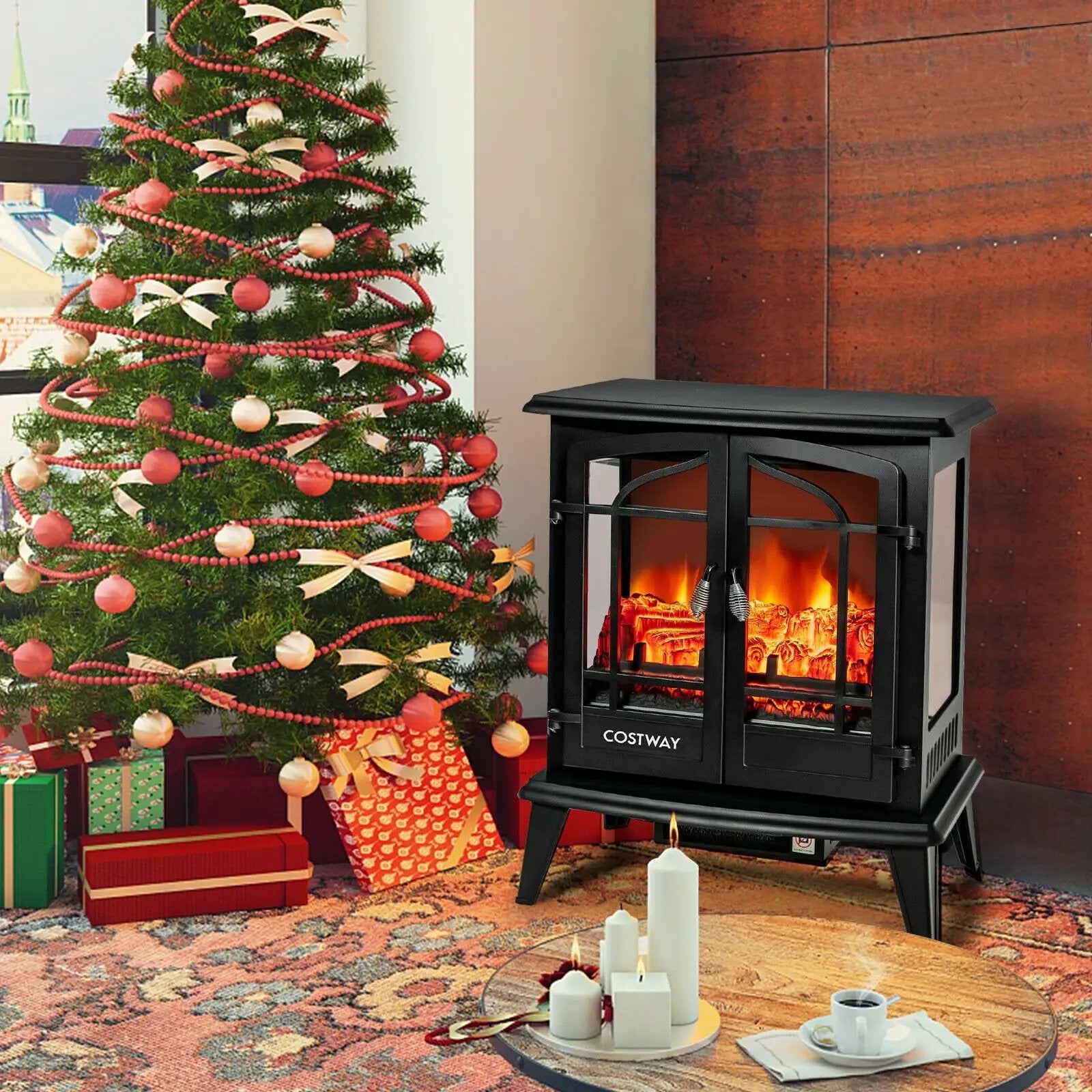 25 Inch Freestanding Electric Fireplace Heater with Realistic Flame effect-Black by DirectDeals