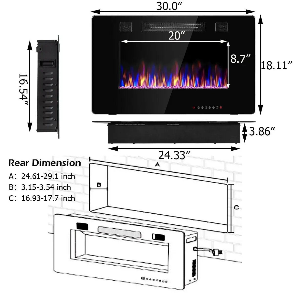 30-Inch Recessed Ultra Thin Electric Fireplace Heater with Glass Appearance by DirectDeals