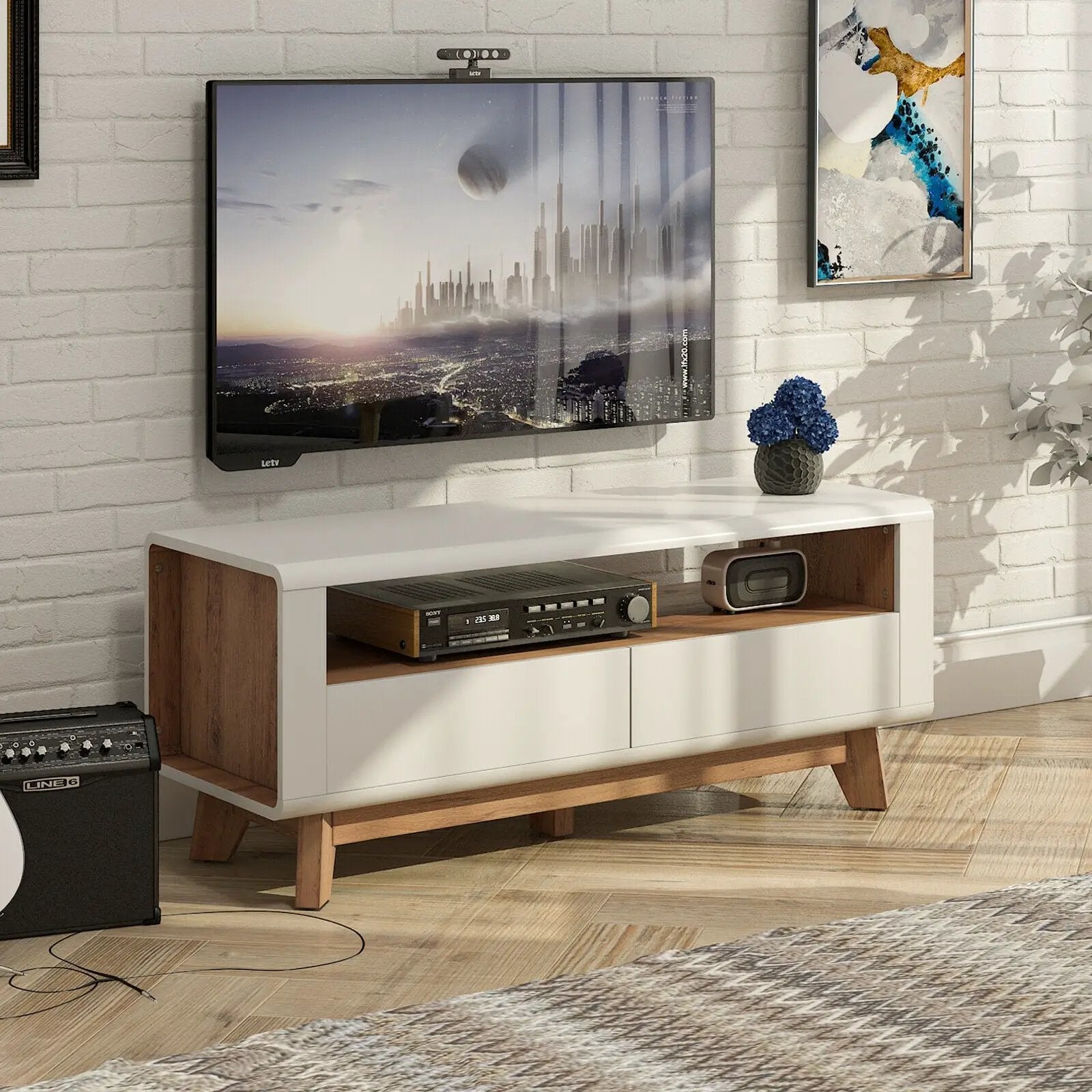 Media Console with 2 Pull-Out Drawers and Open Compartment for TVs up to 50 Inch by DirectDeals