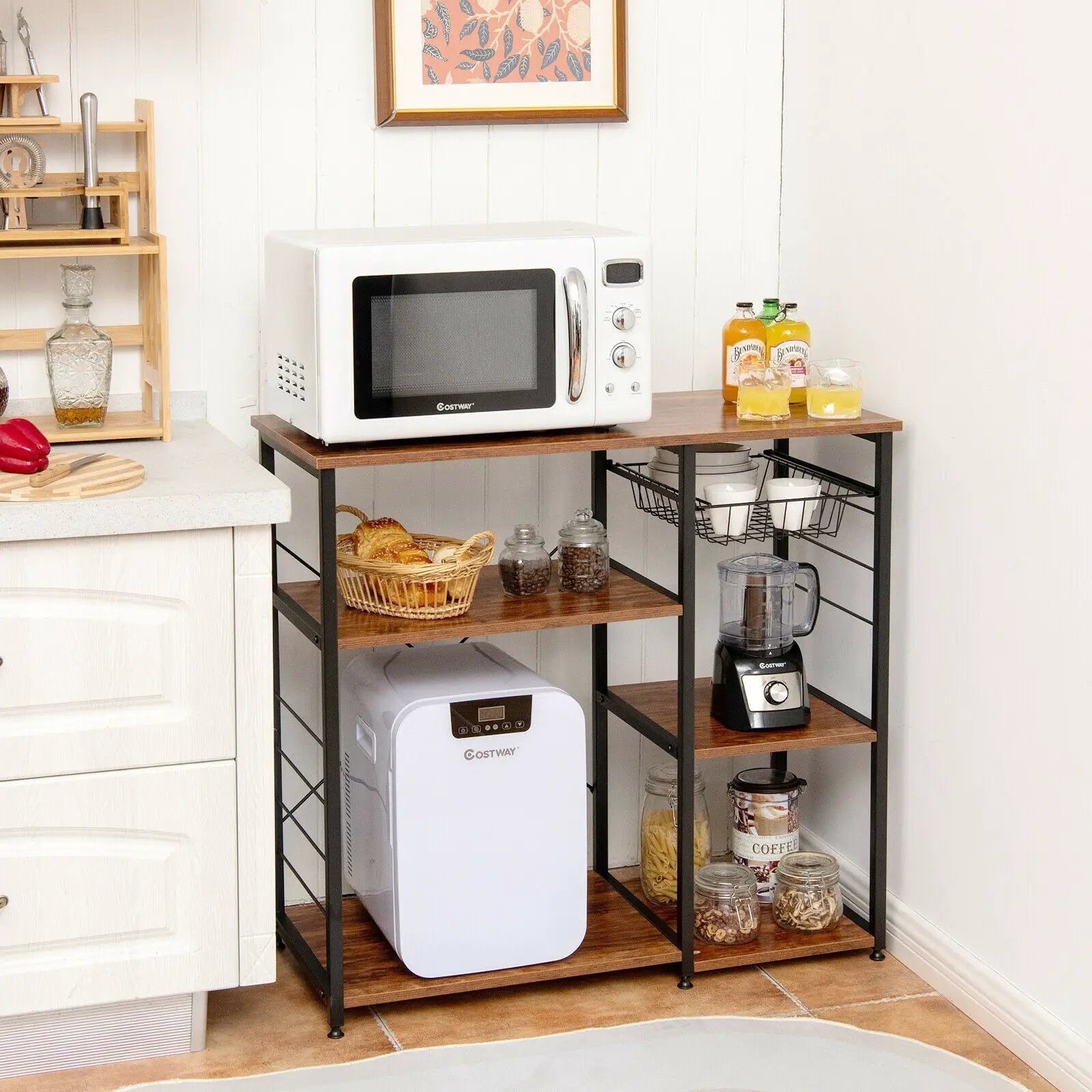 Industrial Kitchen Baker's Rack Microwave Shelf with 6 Hooks by DirectDeals