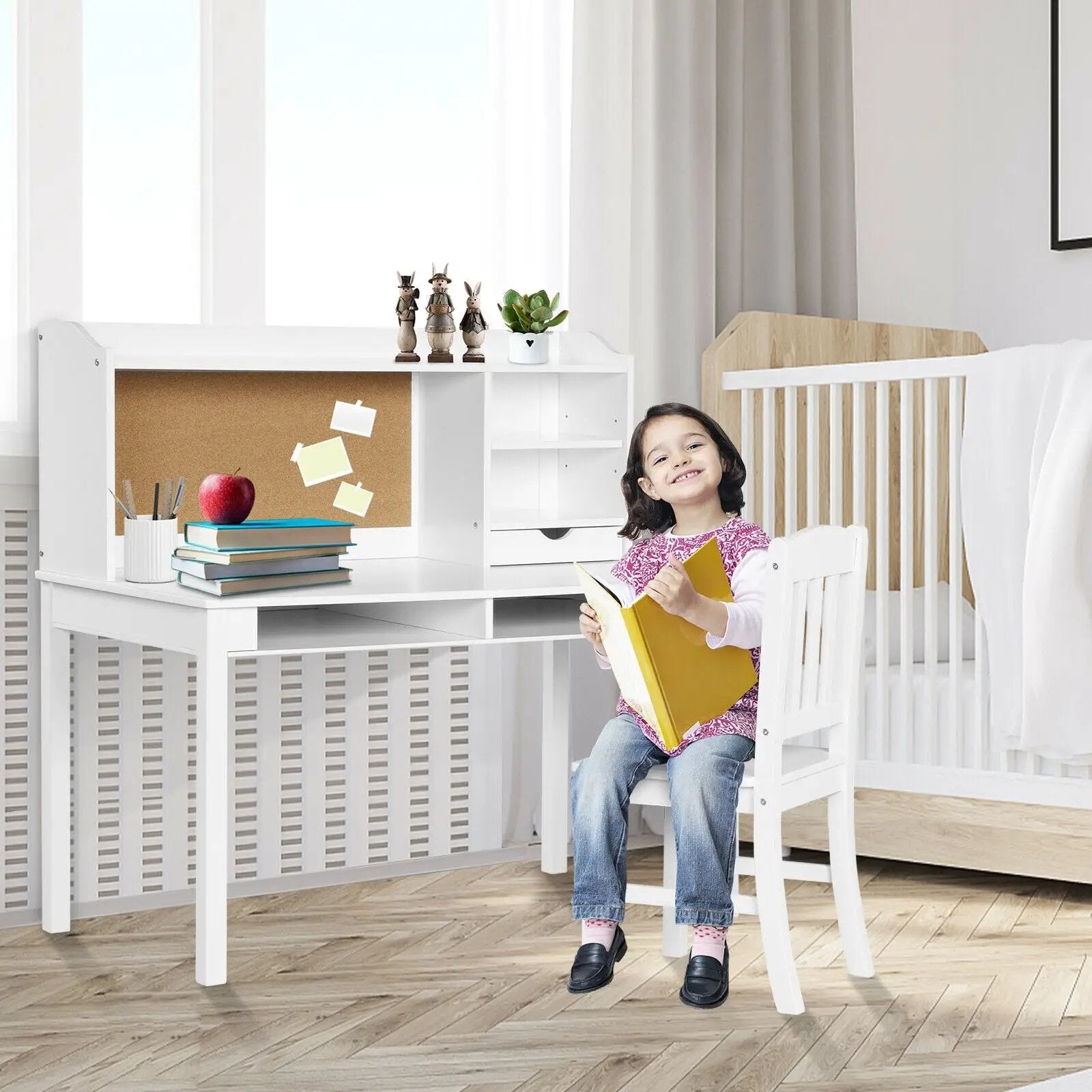 Kids Desk and Chair Set Study Writing Desk with Hutch and Bookshelves by DirectDeals