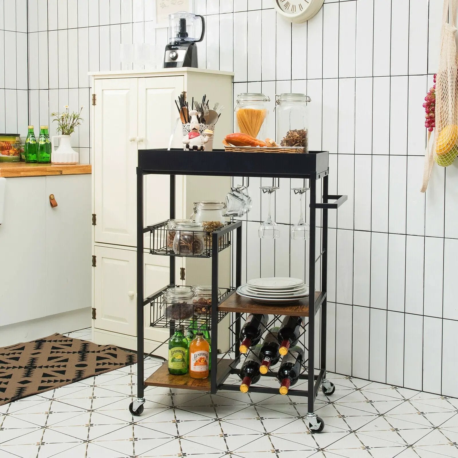 Kitchen Island Cart on Wheels with Removable Top and Wine Rack-Rustic Brown by DirectDeals