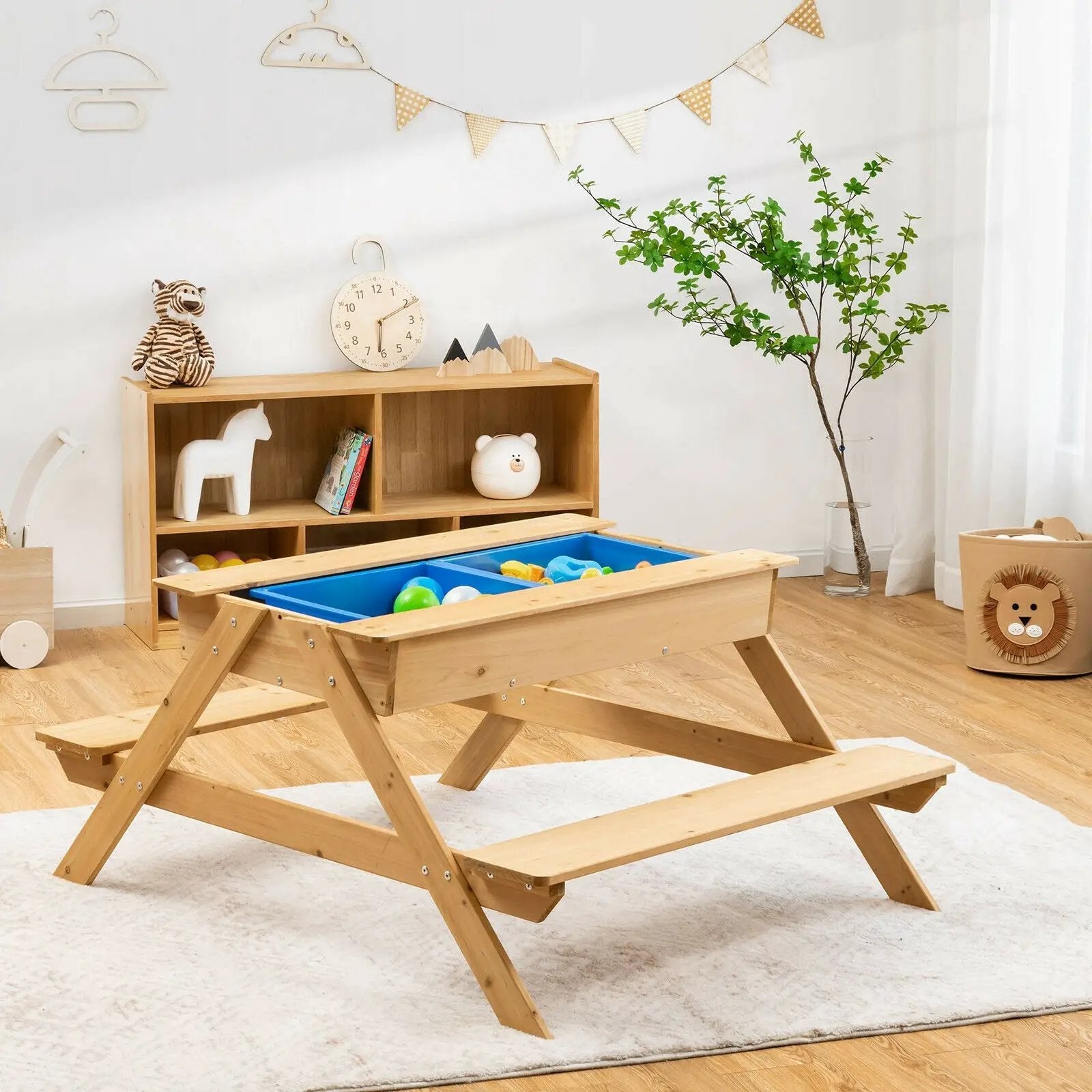 3-in-1 Kids Picnic Table Wooden Outdoor Water Sand Table with Play Boxes by DirectDeals