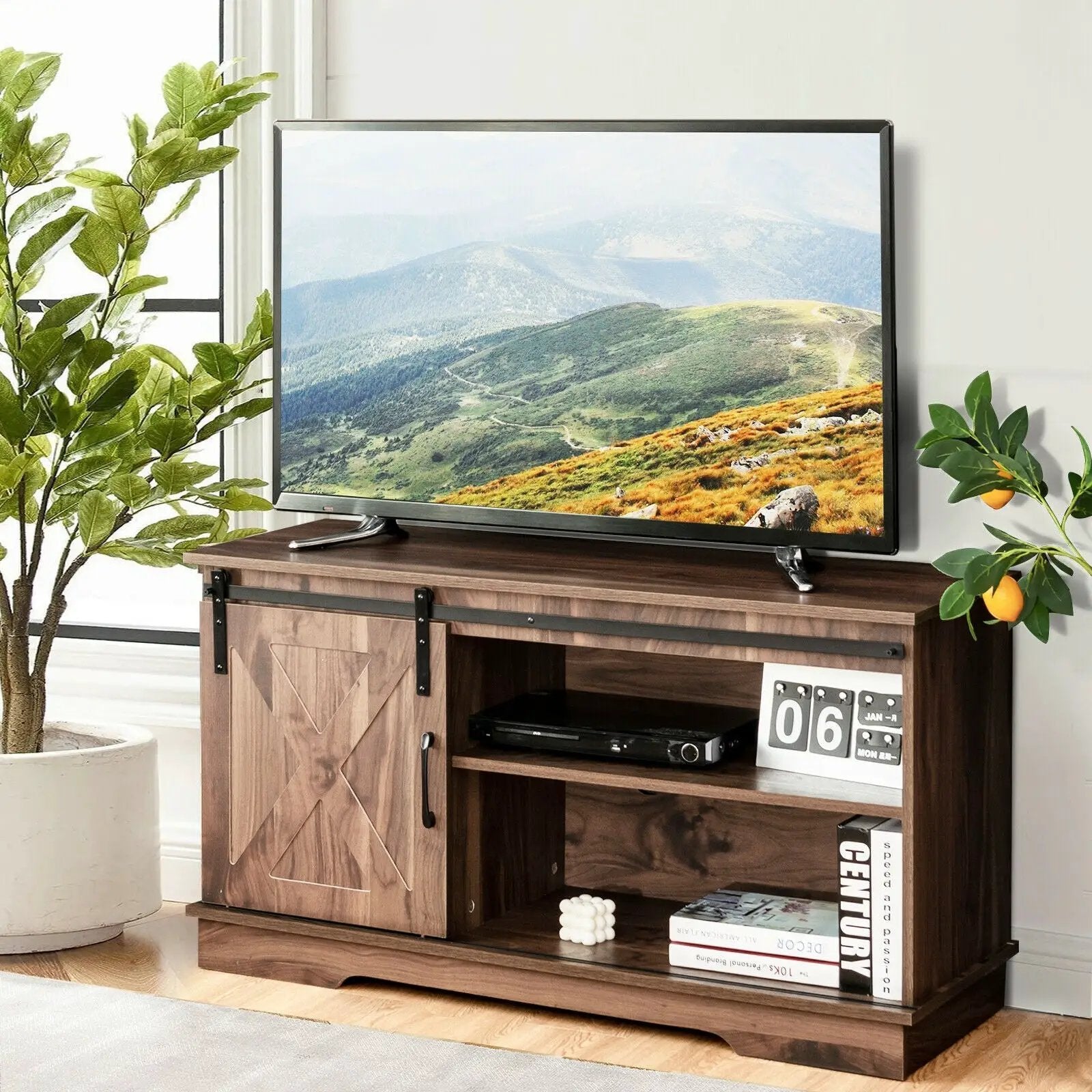 Sliding Barn Door TV Stand with Adjustable Shelf Cabinet-Dark Walnut by DirectDeals