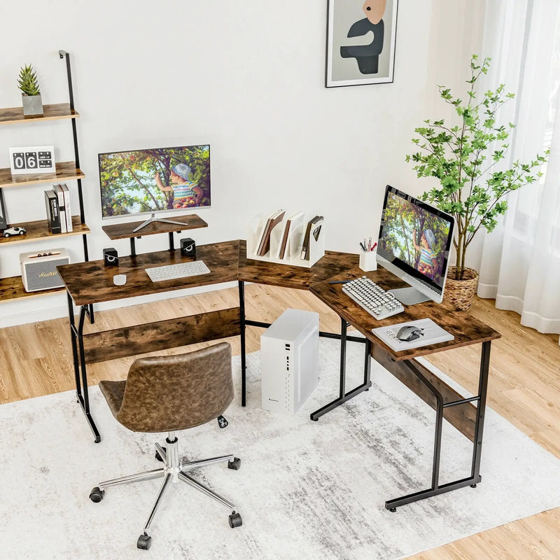 88.5 Inch L Shaped Reversible Computer Desk Table with Monitor Stand by DirectDeals