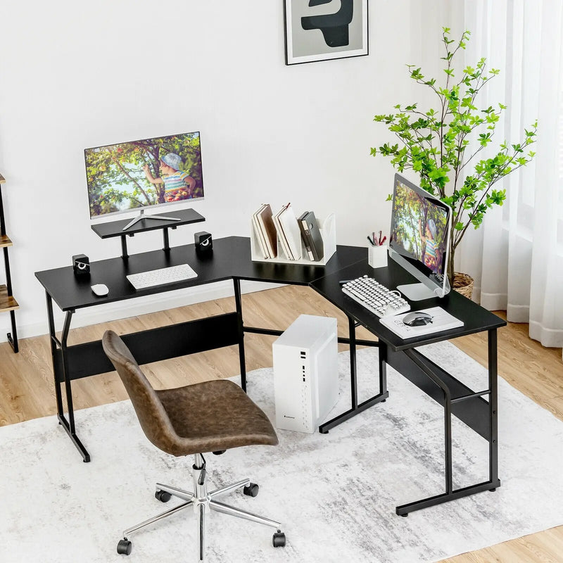 88.5 Inch L Shaped Reversible Computer Desk Table with Monitor Stand by DirectDeals