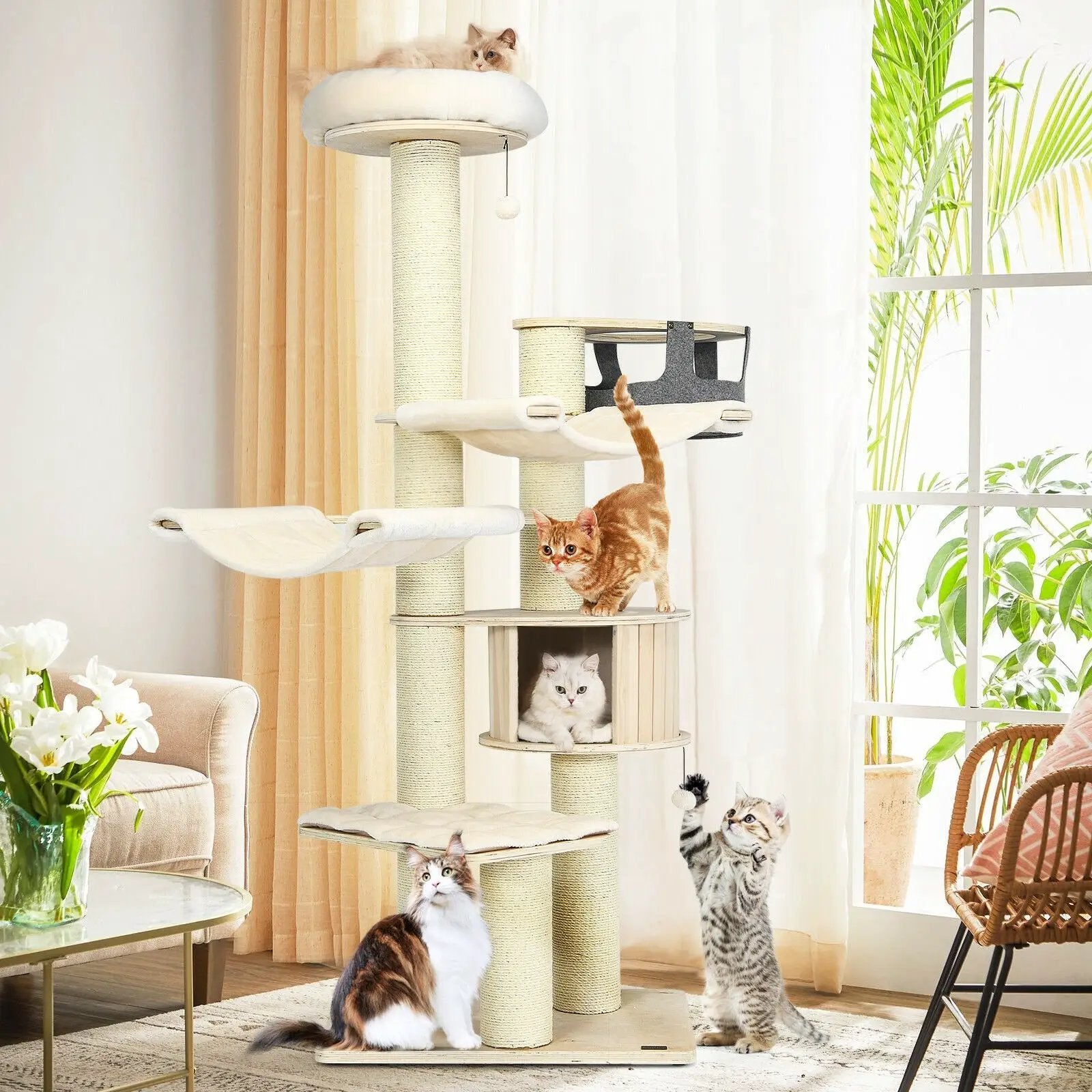 77.5-Inch Cat Tree Condo Multi-Level Kitten Activity Tower with Sisal Posts-Cream White by DirectDeals