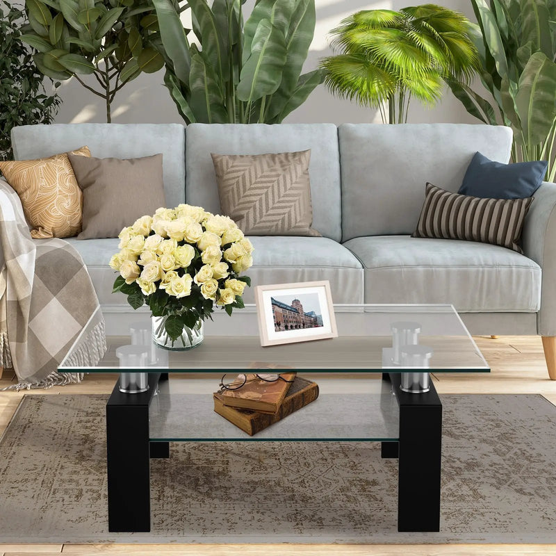 Rectangle Glass Coffee Table with Metal Legs for Living Room by DirectDeals